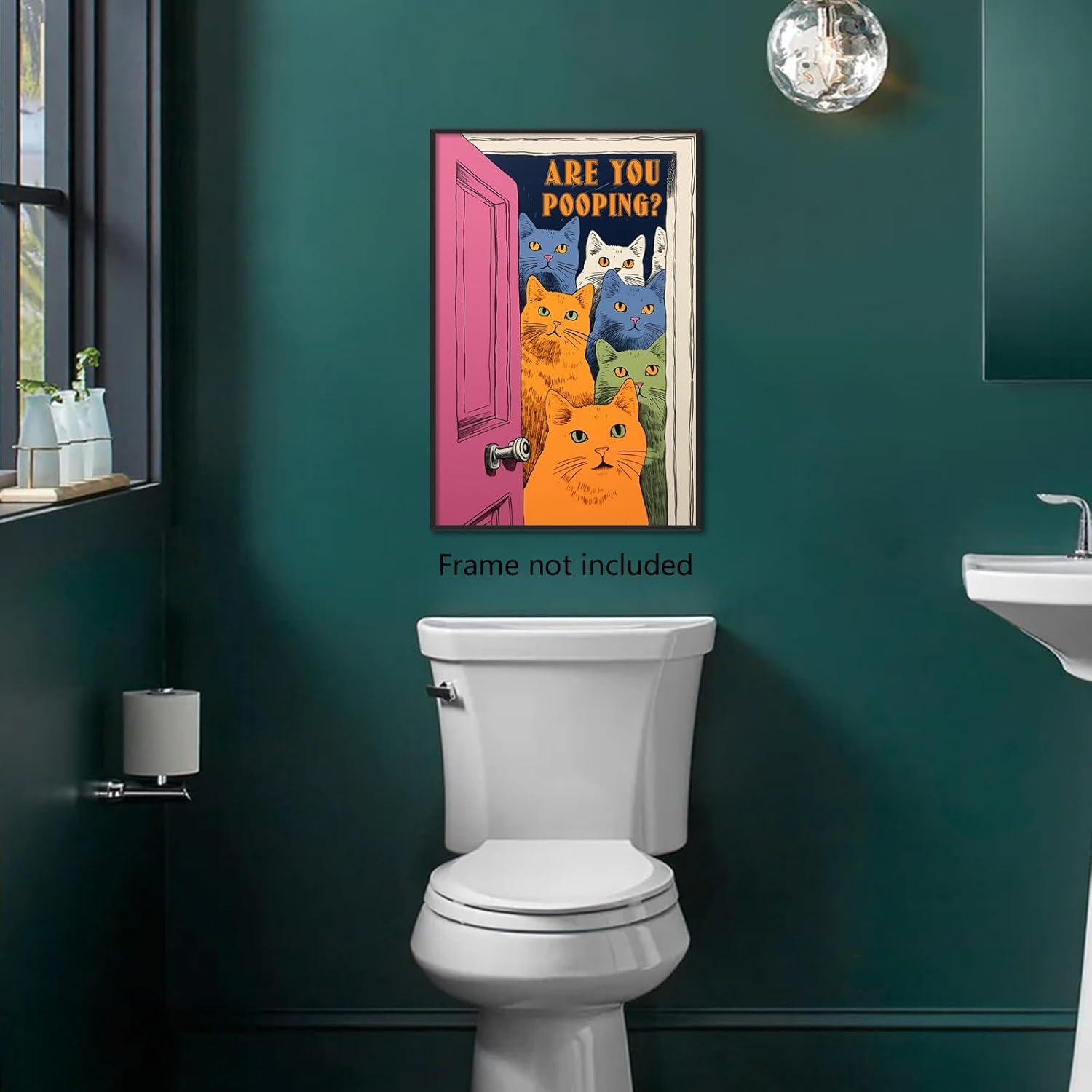 Funny Bathroom Cat Print Poster, Funky Are You Pooping Cat Sign Canvas Wall Art, Quirky Cats Witty Humor Pictures Artwork for Toilet Wall Decor 12x16in Unframed
