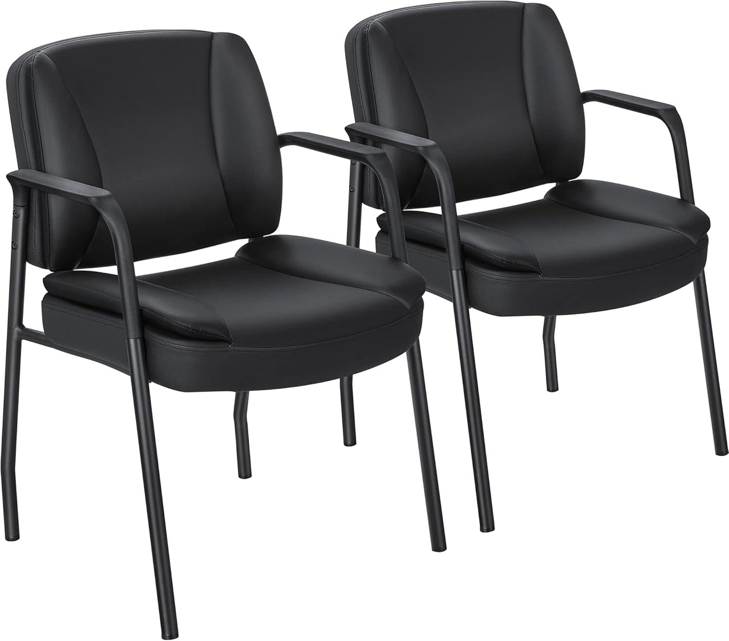 Black Leather Upholstered Office Guest Chairs with Armrests, Set of 2