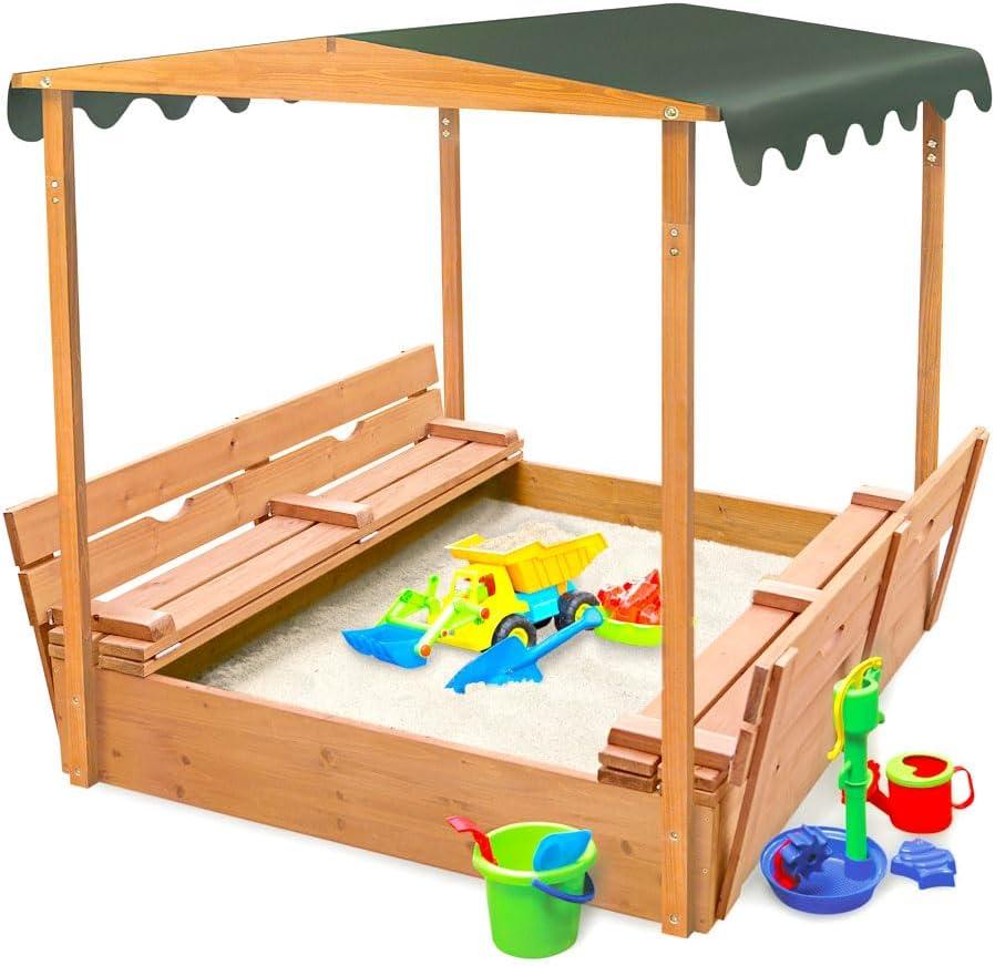 Covered Convertible Cedar Sandbox with Canopy and Two Bench Seats