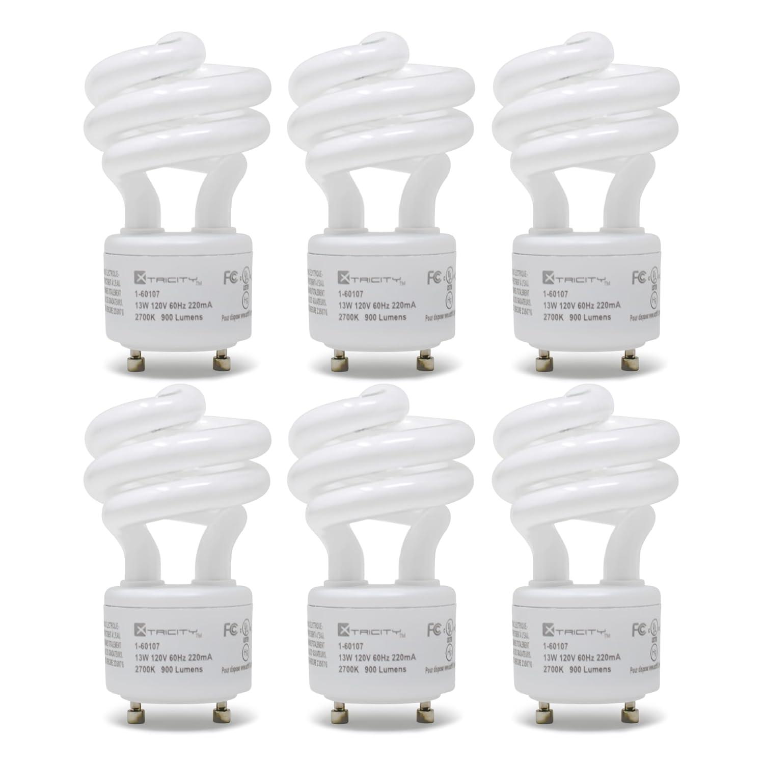 Xtricity Compact Fluorescent GU24 2 Prong Light Bulb Base, T2 Mini Spiral, 13W (60 Watt Equivalent), 2700k Soft White, 900 Lumens, CFL, 120V, UL Listed (2 Pack)