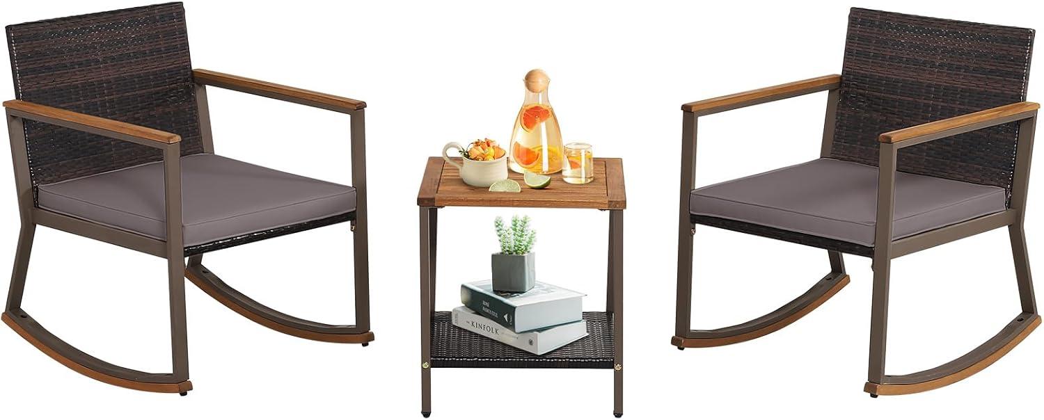 3 Pieces Rattan Rocking Bistro Set, Patio Conversation Sets with Coffee Table and Cushions-Off Navy
