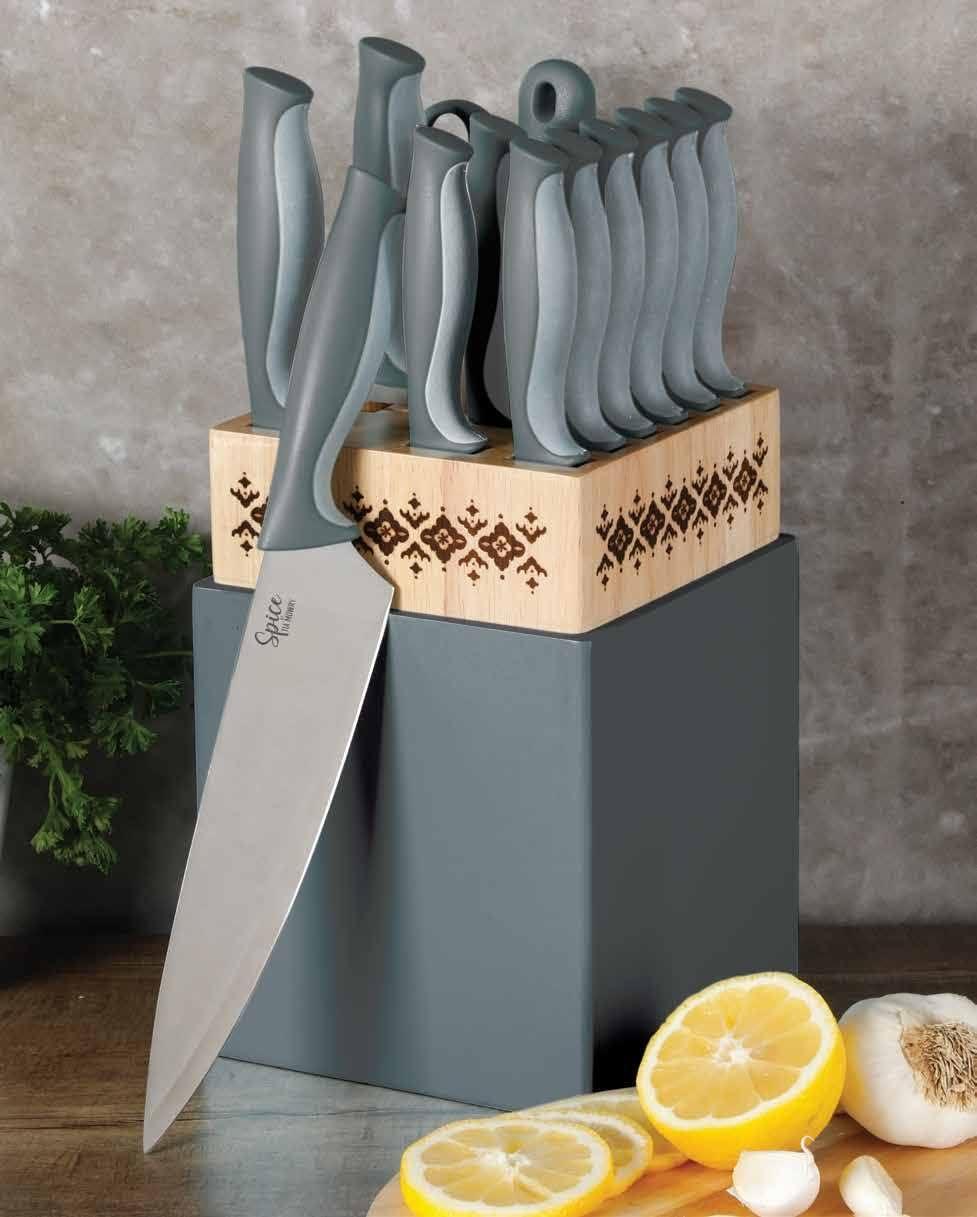 Gray 14-Piece High-Carbon Stainless Steel Cutlery Set with Rubberwood Block