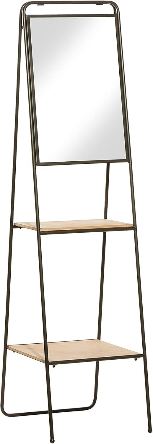 Elegant Brown Metal & Wood Corner Shelving Unit with Mirror