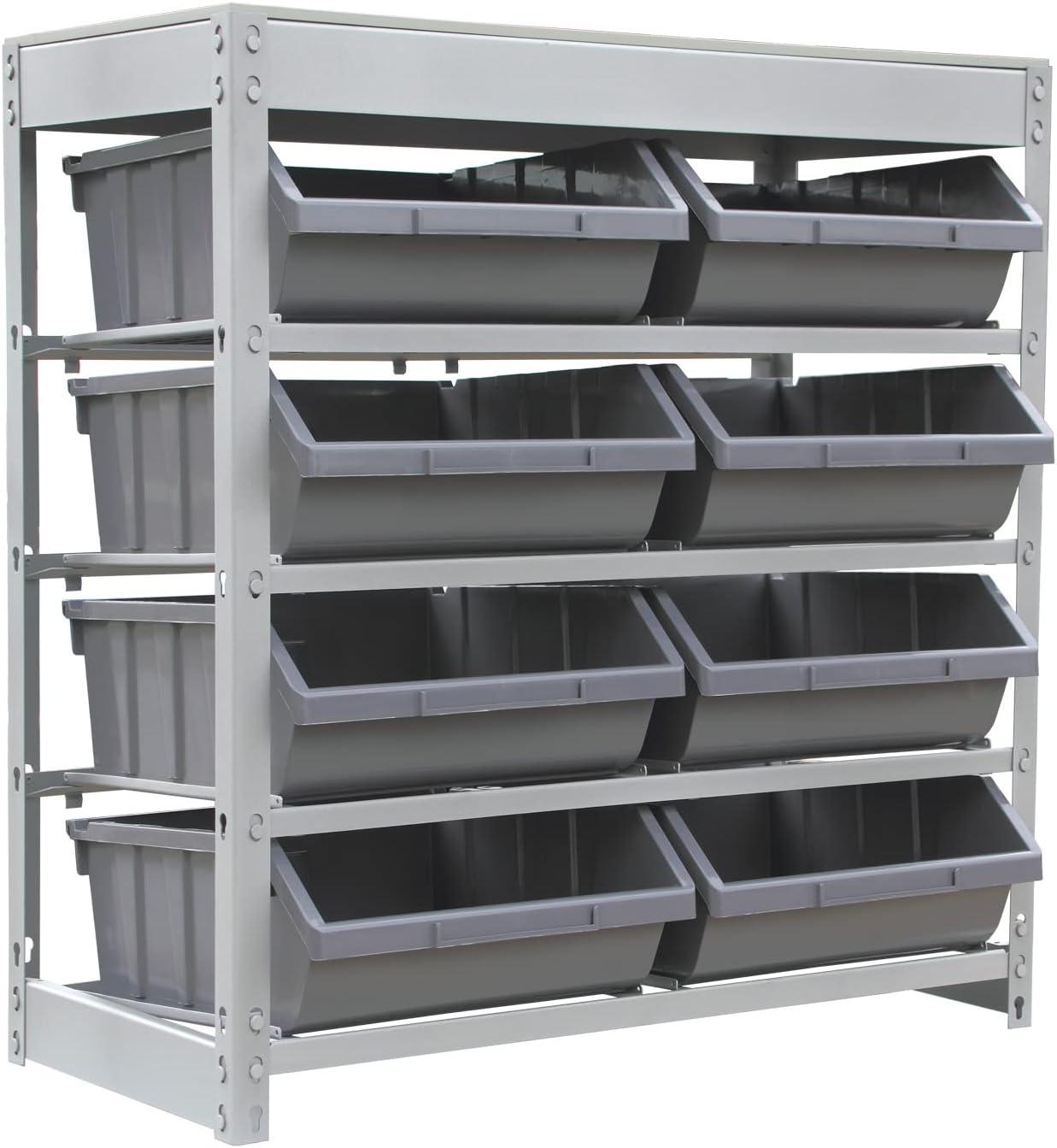 Bin Rack, Shelving Unit with Durable Construction for Easy Organization of Parts and Tools, Boltless Steel Storage System Organizer with 8 Plastic Bins in 4 tiers, Use in Store, Garage,Grey