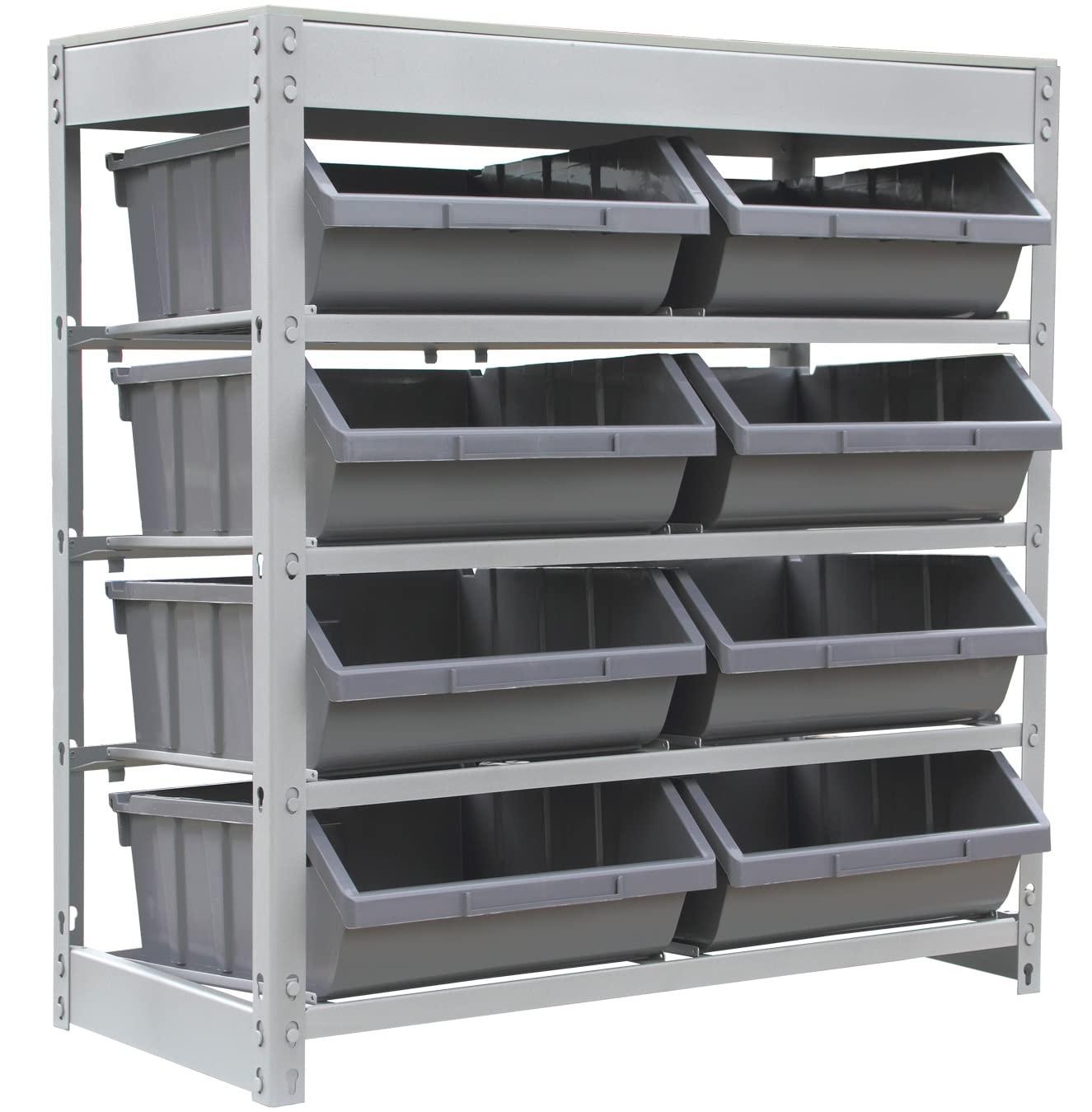 Bin Rack, Shelving Unit with Durable Construction for Easy Organization of Parts and Tools, Boltless Steel Storage System Organizer with 8 Plastic Bins in 4 tiers, Use in Store, Garage,Grey