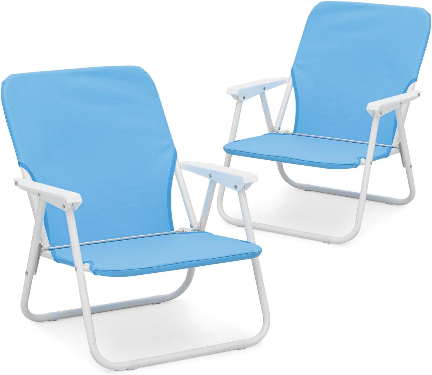 MoNiBloom Folding Beach Chairs Set of 2, Portable Camping Seats with Armrests & Back Pocket, for Outdoor Patio Lawn, Sky Blue