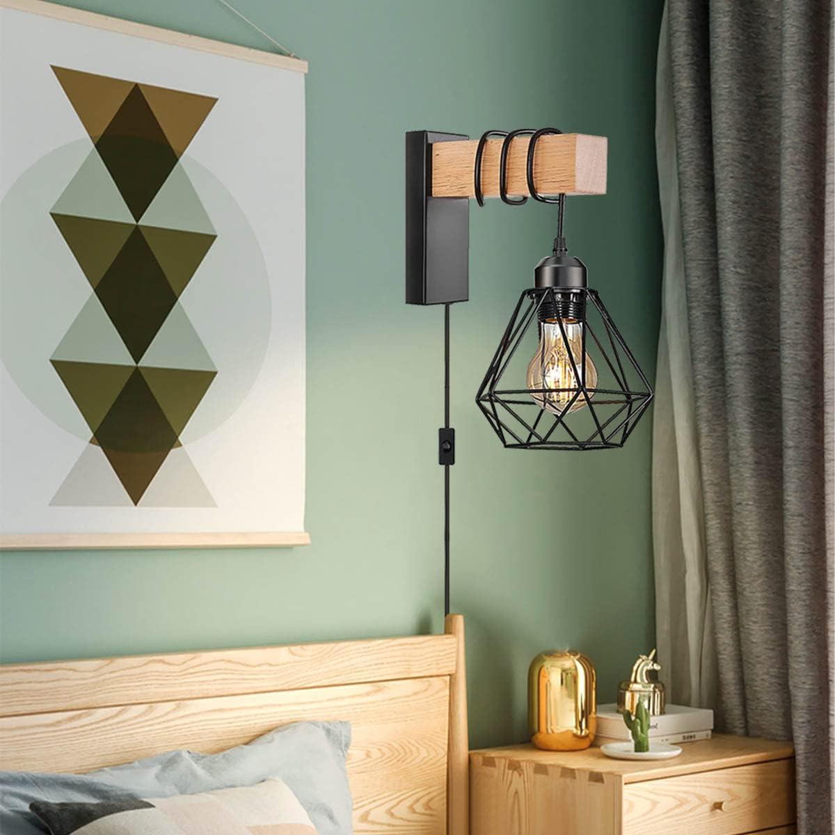 Black and Wood Plug-In Wall Sconce Set with Cage Shade