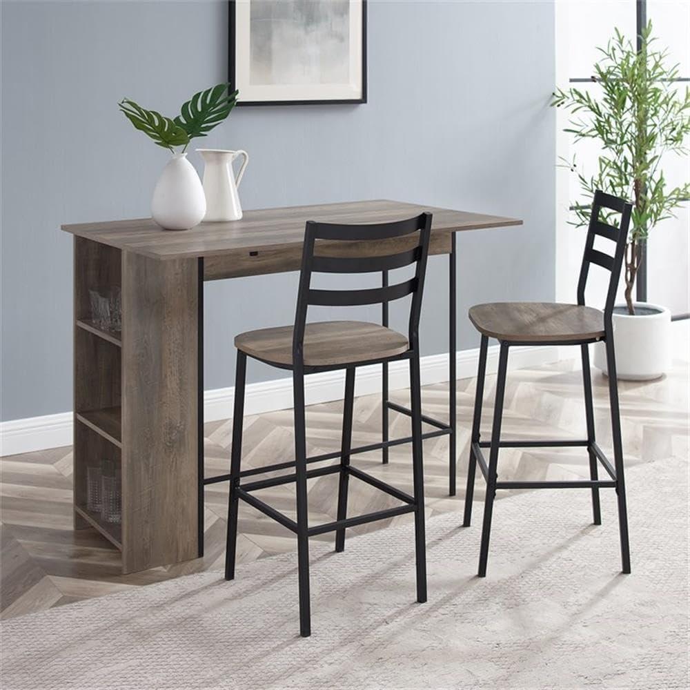 3-Piece Drop Leaf Counter Table Set with Side Storage in Gray Wash