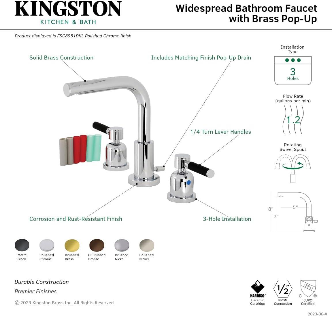 Kingston Brass Kingston Brass Kaiser Two-Handle 3-Hole Deck Mount Widespread Bathroom Faucet with Brass Pop-Up Drain FSC8955DL