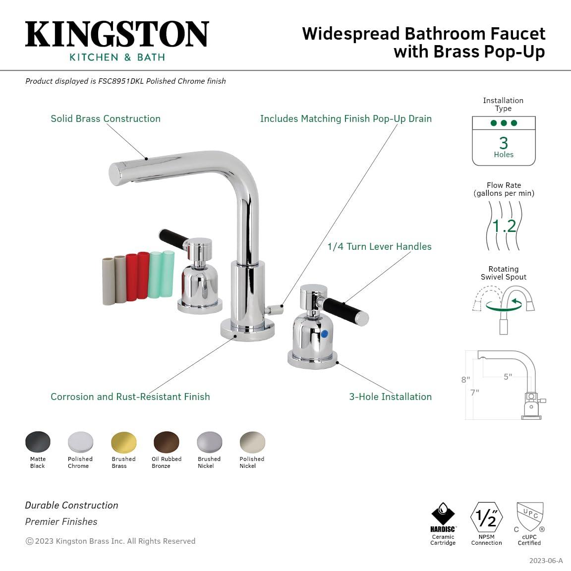 Kingston Brass Kingston Brass Kaiser Two-Handle 3-Hole Deck Mount Widespread Bathroom Faucet with Brass Pop-Up Drain FSC8955DL