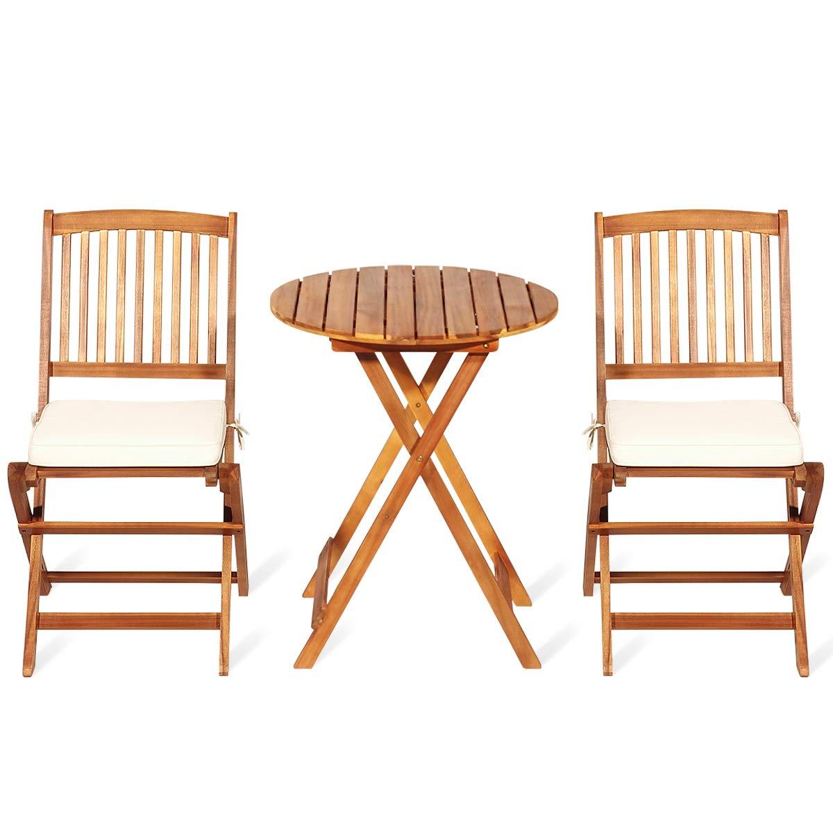 Giantex 3Pcs Patio Bistro Set, Wood Folding Table Set, 2 Cushioned Chairs for Garden Yard