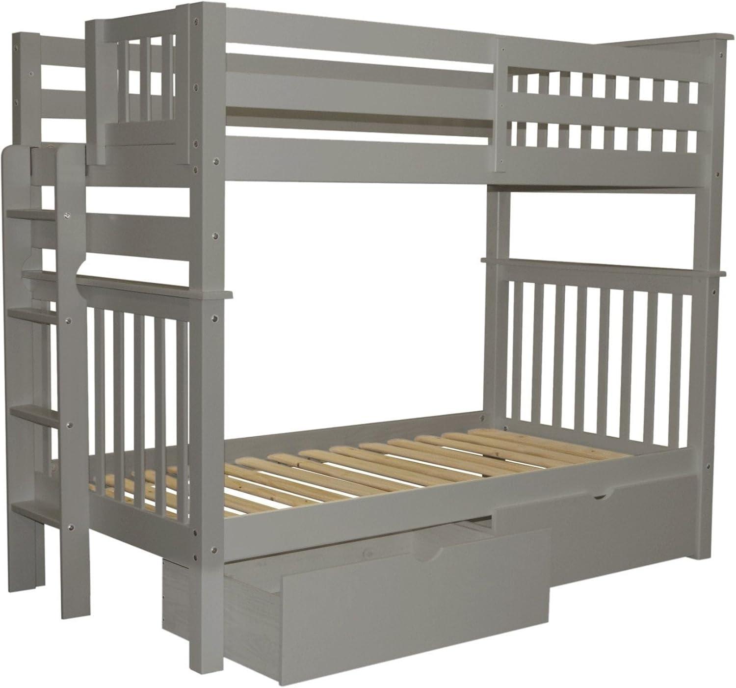 Bedz King Tall Bunk Beds Twin over Twin Mission Style with End Ladder and 2 Under Bed Drawers, Gray