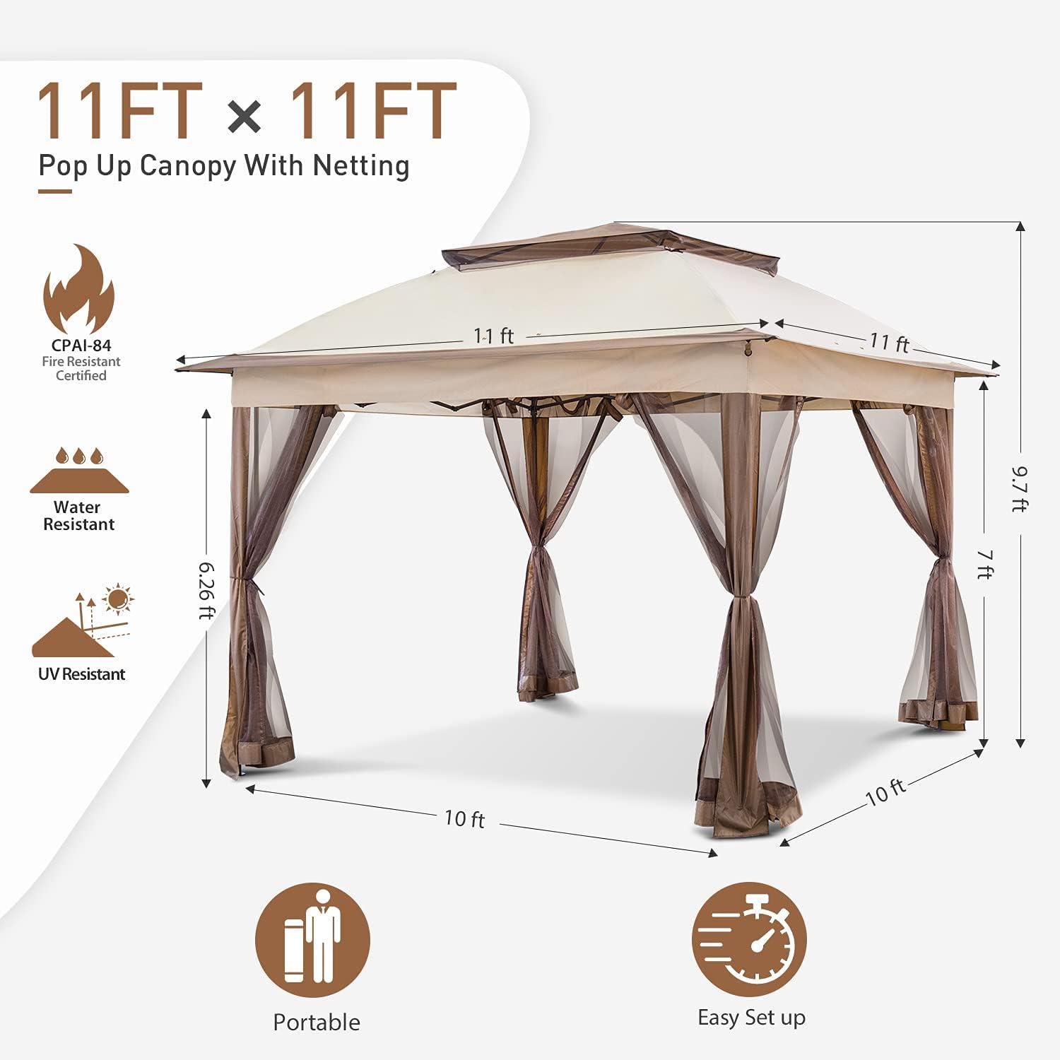 Beige 11x11 Pop Up Gazebo Tent with Mosquito Netting