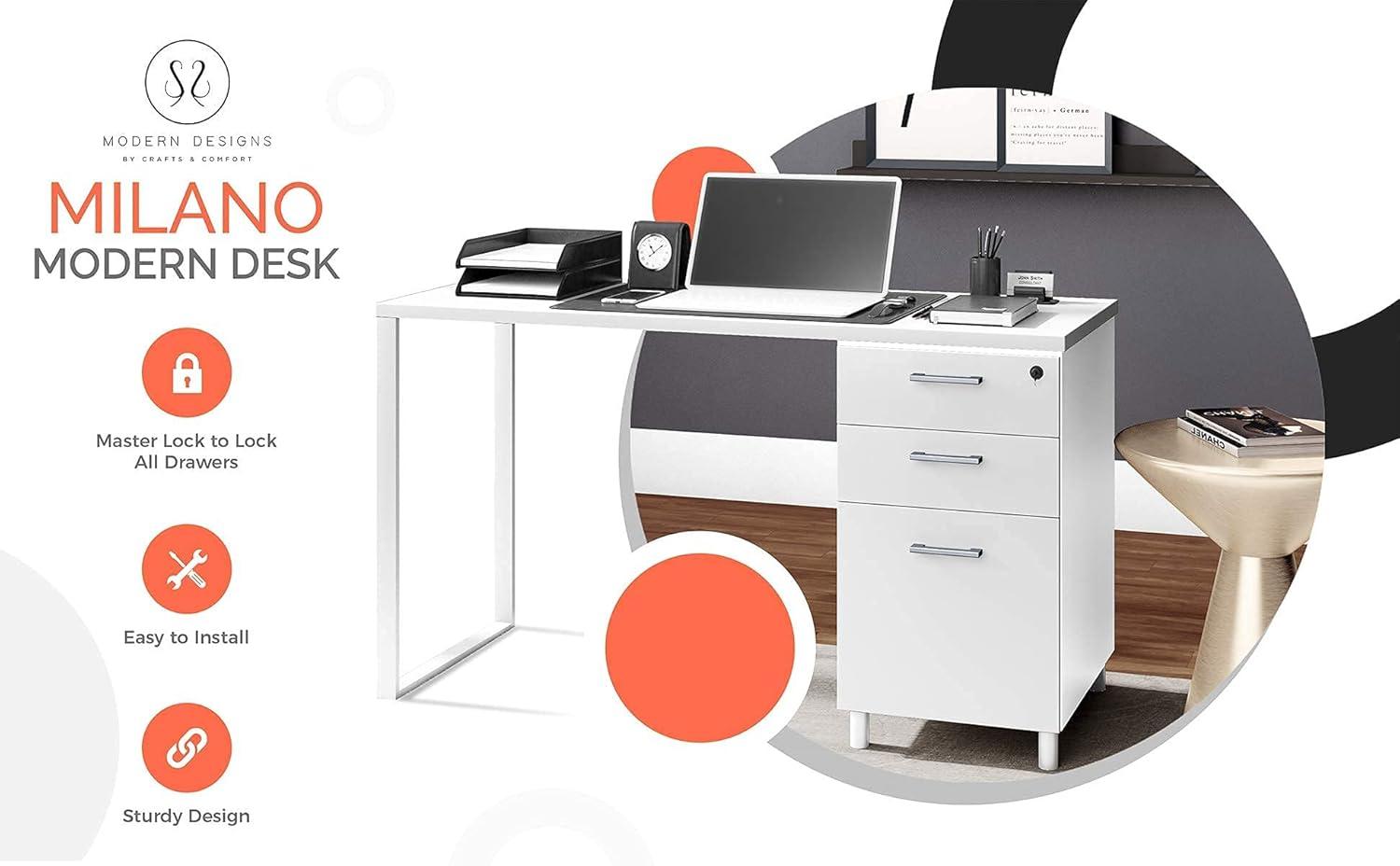 Modern Designs by Crafts and Comfort Milano Modern Home & Office Computer Desk - 47 Inch with 3 Locking Drawers - Wooden Study Writing Desk with Storage Space - White