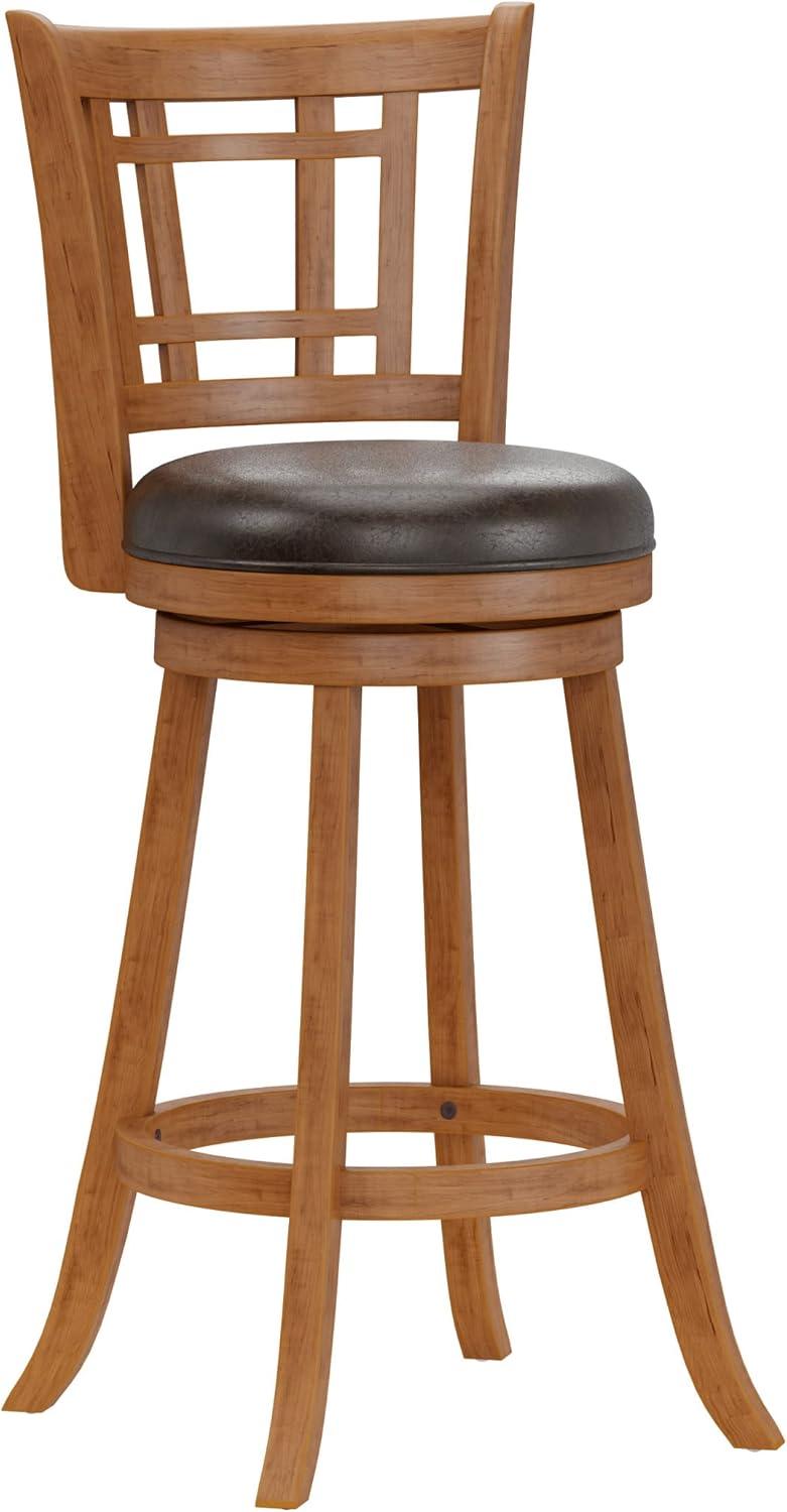 Transitional Oak Wood Swivel Bar Stool with Brown Faux Leather Seat