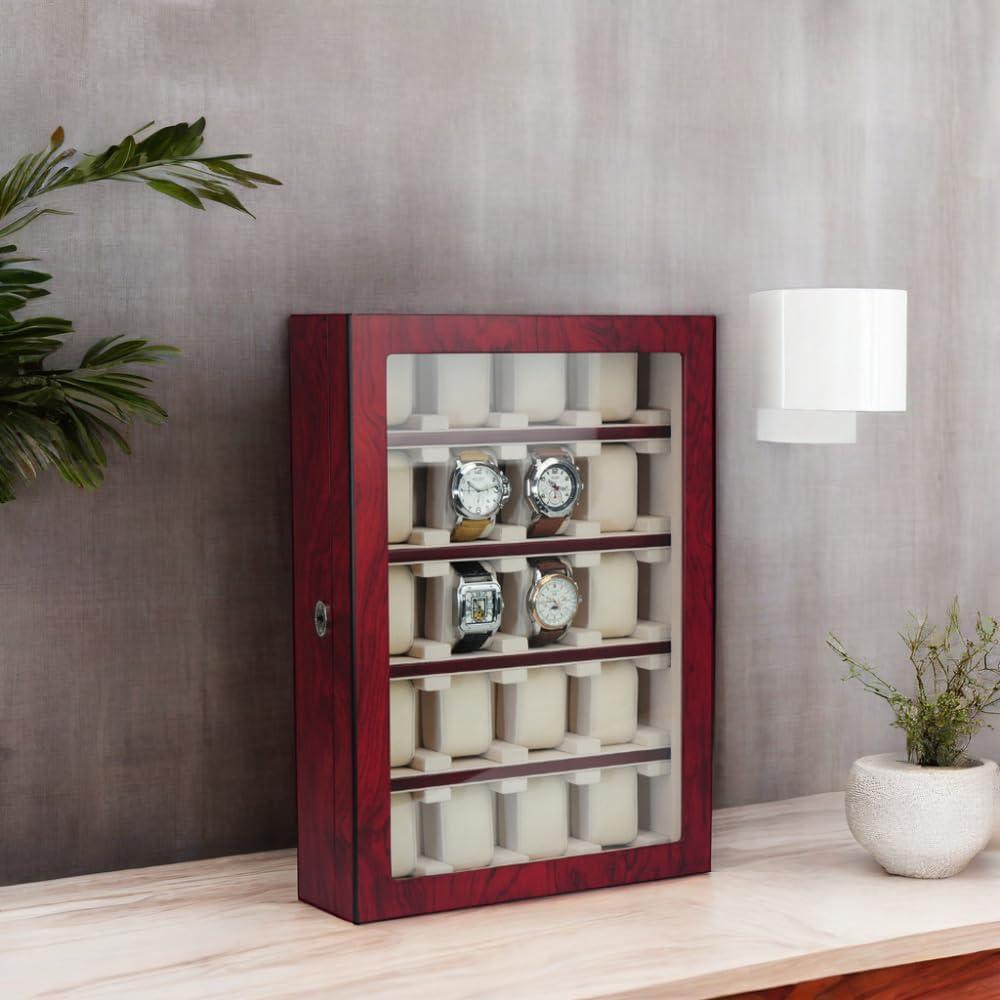 Cherry Wood 30-Slot Wall Mounted Watch Display Case