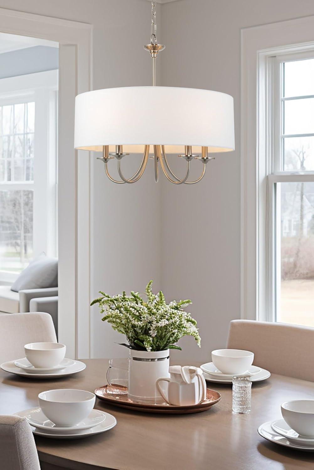 Kira Home Quinn 22" 5-Light Chandelier / Adjustable Chain Link Hanging Light + White Linen Drum Shade, Brushed Nickel