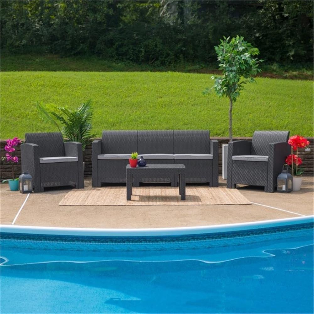 Merrick Lane 4 Piece Dark Gray Faux Rattan Patio Furniture Set with 2 Chairs and Sofa with Removable Light Gray Cushions and Table