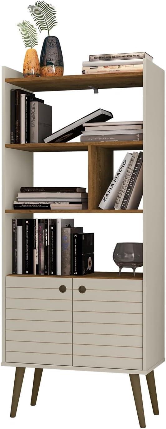 Mid-Century Modern White and Wood 3-Tier Bookshelf with Doors