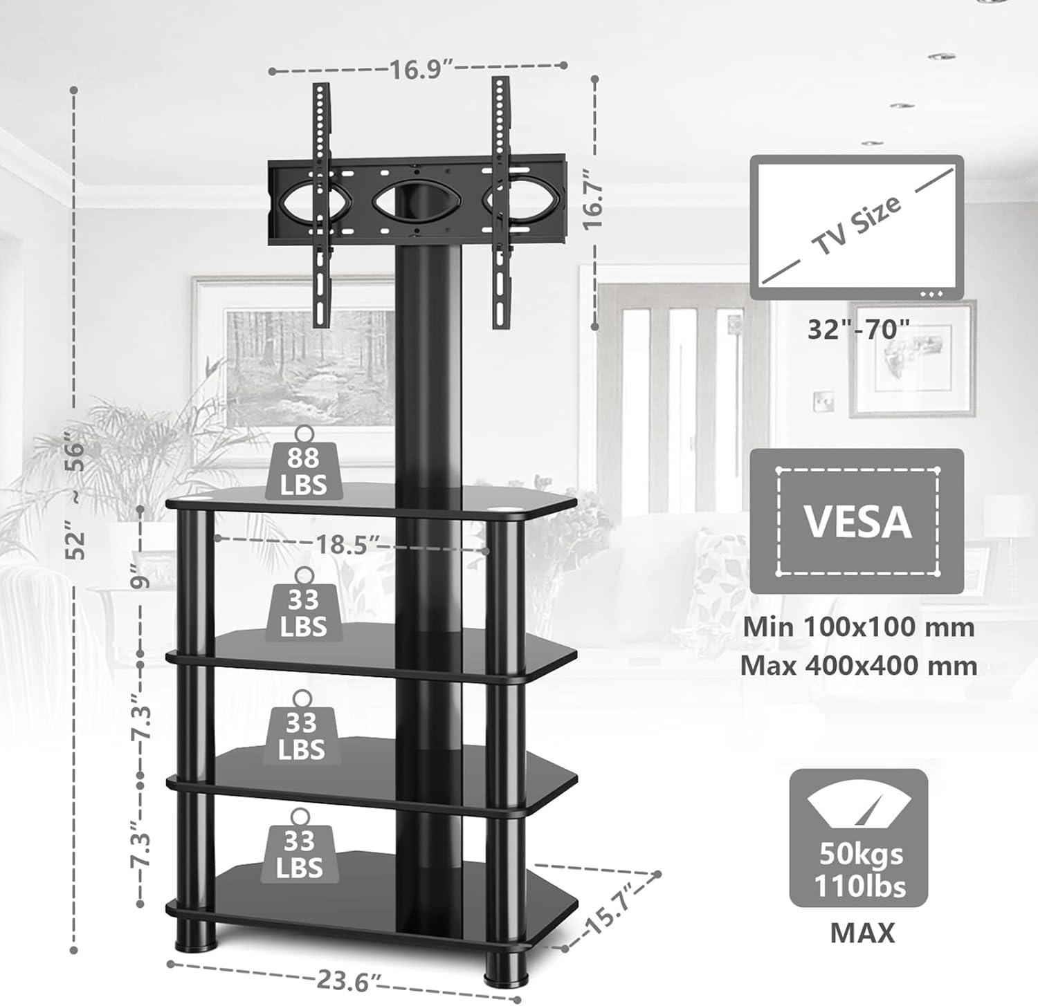 4-Tiers Media Component TV Stand with Swivel Mount Audio Shelf and Height Adjustable Bracket, Black Floor TV Stand for 32-70 Inch LCD LED OLED Flat/Curved Screen TVs