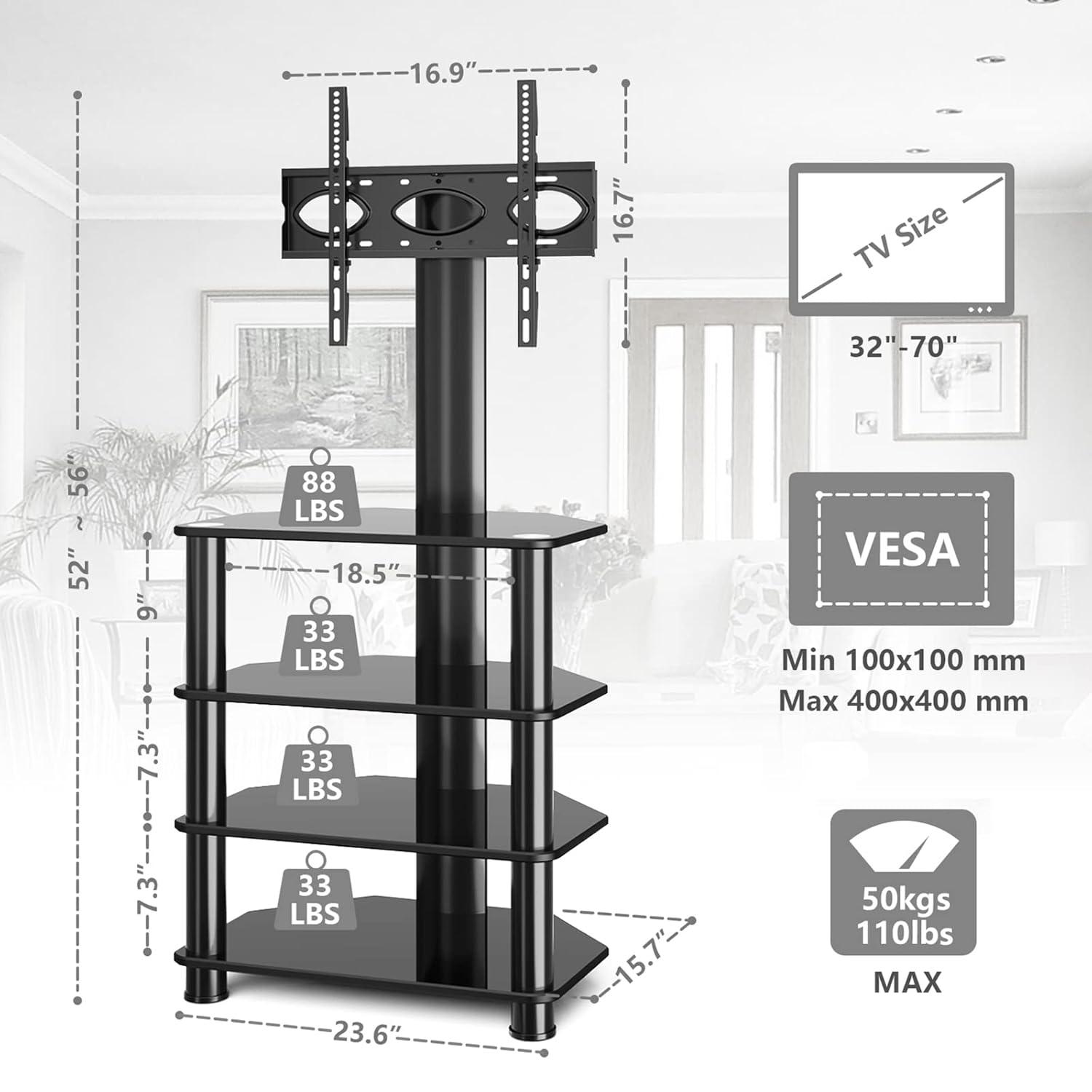 4-Tiers Media Component TV Stand with Swivel Mount Audio Shelf and Height Adjustable Bracket, Black Floor TV Stand for 32-70 Inch LCD LED OLED Flat/Curved Screen TVs