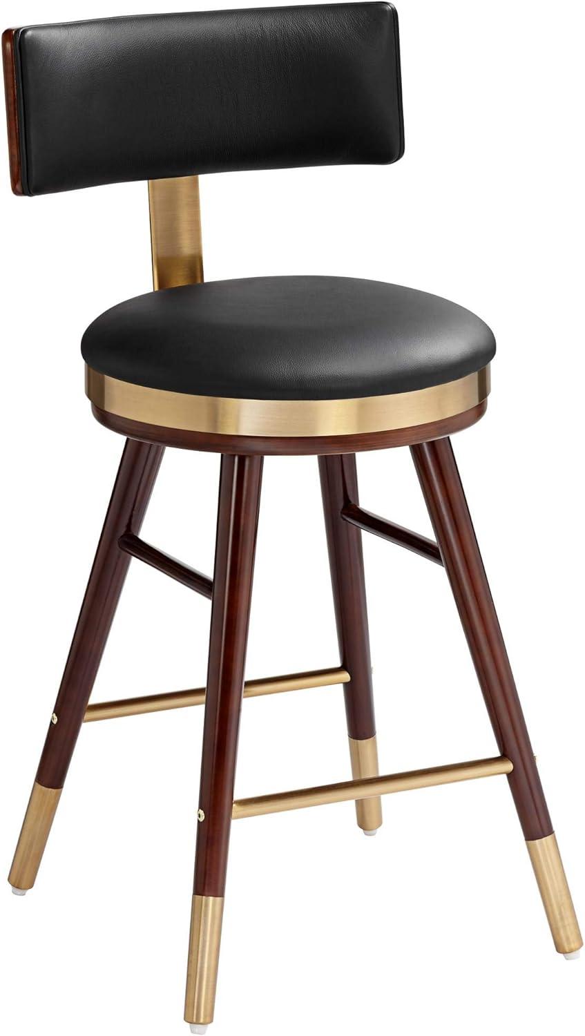 Studio 55D Walnut Bar Stool Brown 25 1/2" High Mid Century Black Leather with Backrest for Kitchen Counter Height Island