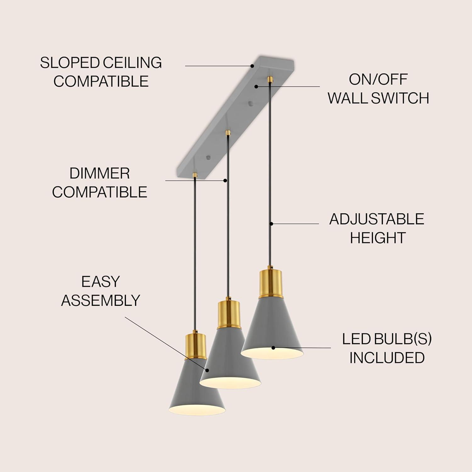 Apollo 33.5" 3-Light Mid-Century Modern Iron Adjustable Linear LED Pendant, Gray/Brass Gold