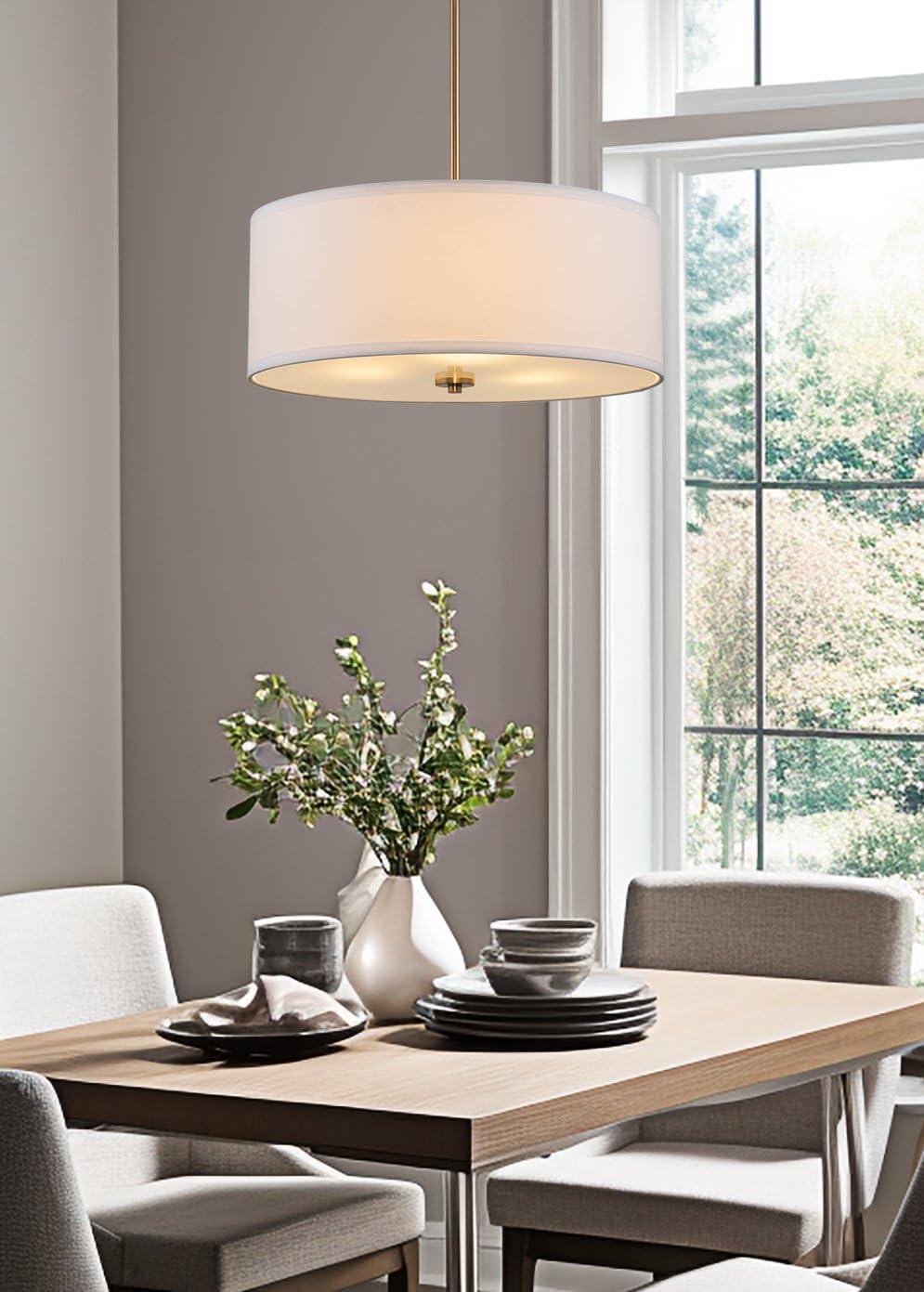 Kira Home Nolan 18" Drum Pendant Chandelier, White Fabric Shade, Round Glass Diffuser, Adjustable Height, Cool Brass