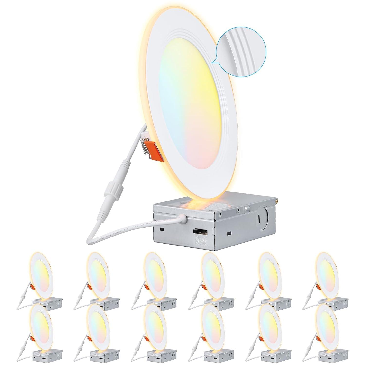 TORCHSTAR 12-Pack 5CCT 6 Inch Ultra-Thin LED Recessed Lighting with Junction Box, CRI90, Aluminum, 2700K3000K3500K4000K5000K, 5%-100% Dimmable Slim Recessed Downlight, 12W 1000LM, ETL & ES