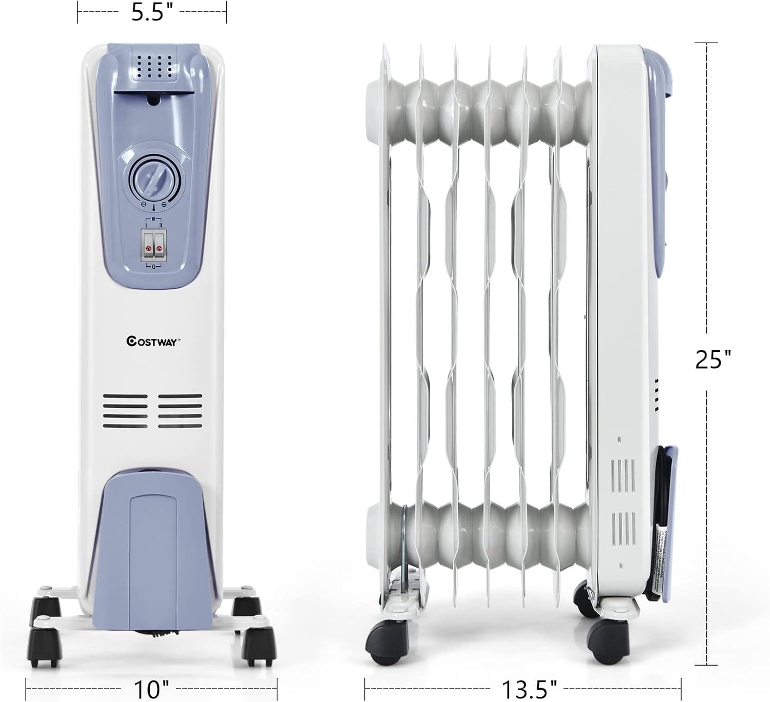 Blue and White 1500W Oil-Filled Radiator Heater with Thermostat