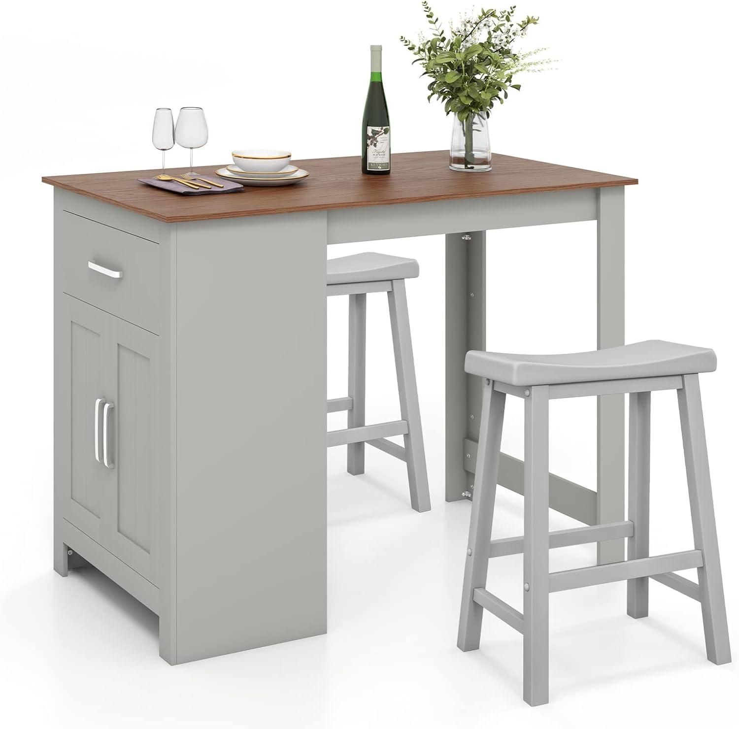 Costway 3 Pieces Bar Table Set Pub Dining Table with Saddle Stools & Storage Cabinet Grey