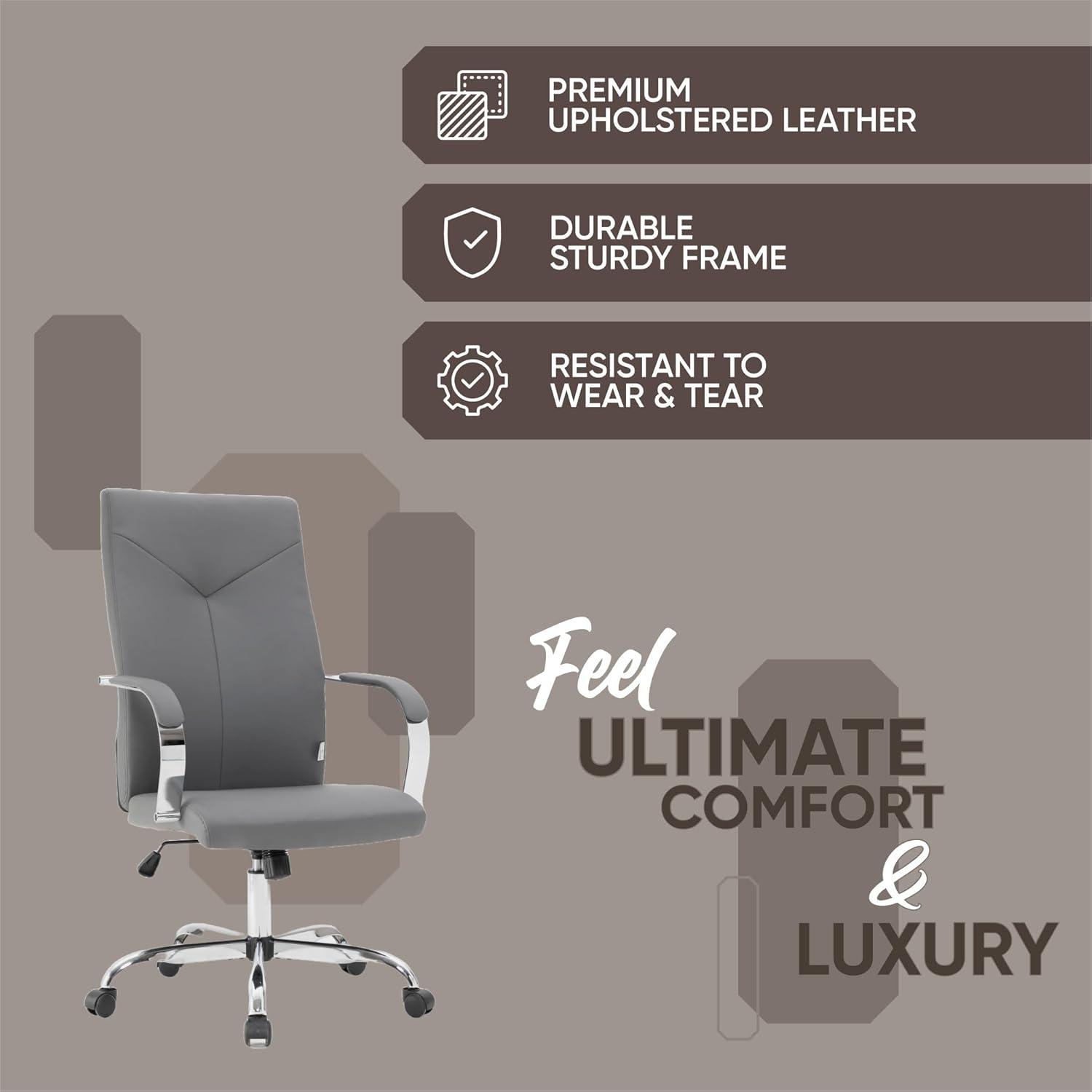 LeisureMod Sonora High-Back Leather Office Chair with Adjustable Height, Swivel, and Tilt in Grey