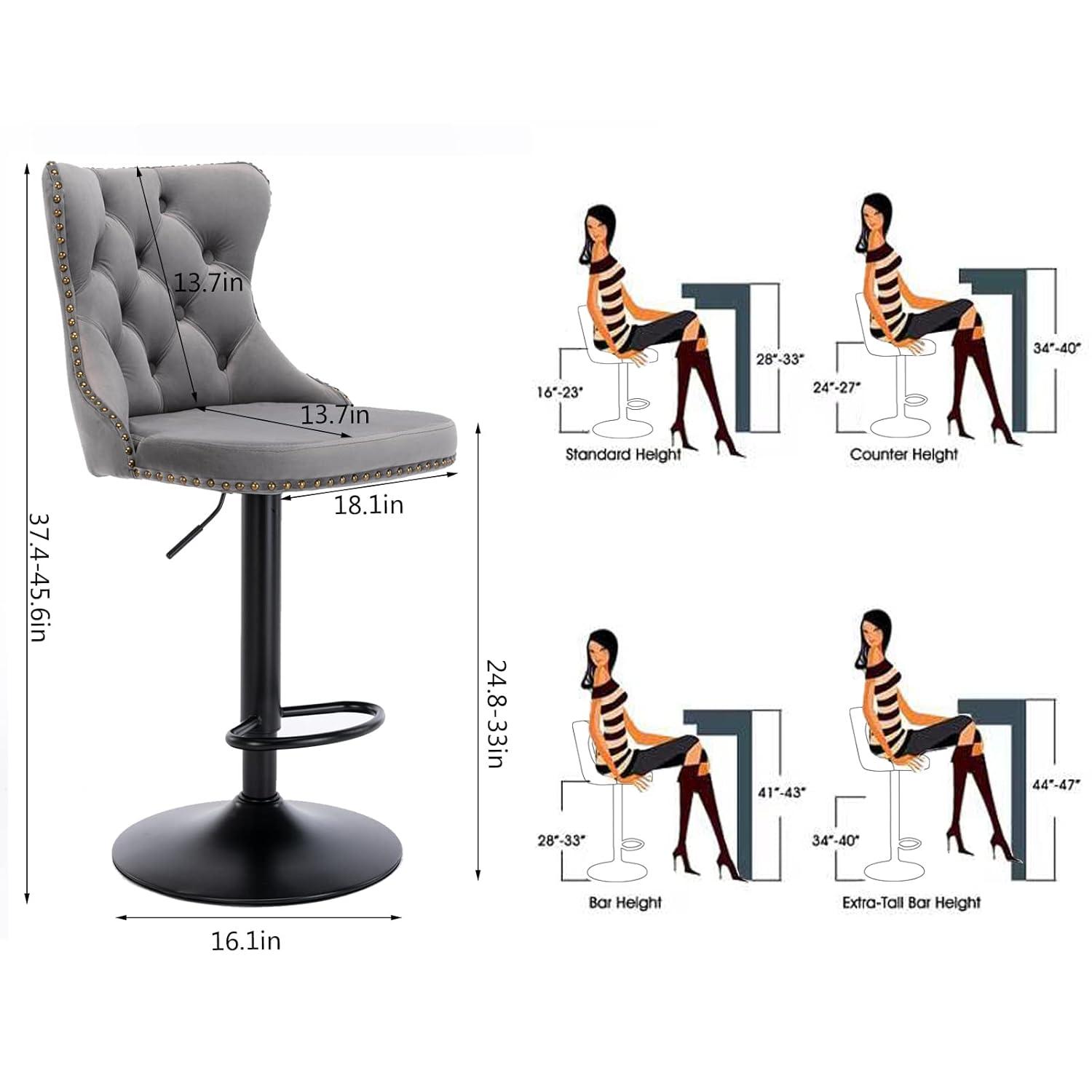 VYNXARIA Swivel Velvet Barstools Adjusatble Seat Height from 25-33 Inch,17.7 inch base, Modern Upholstered Bar Stools,Gray,Set of 2