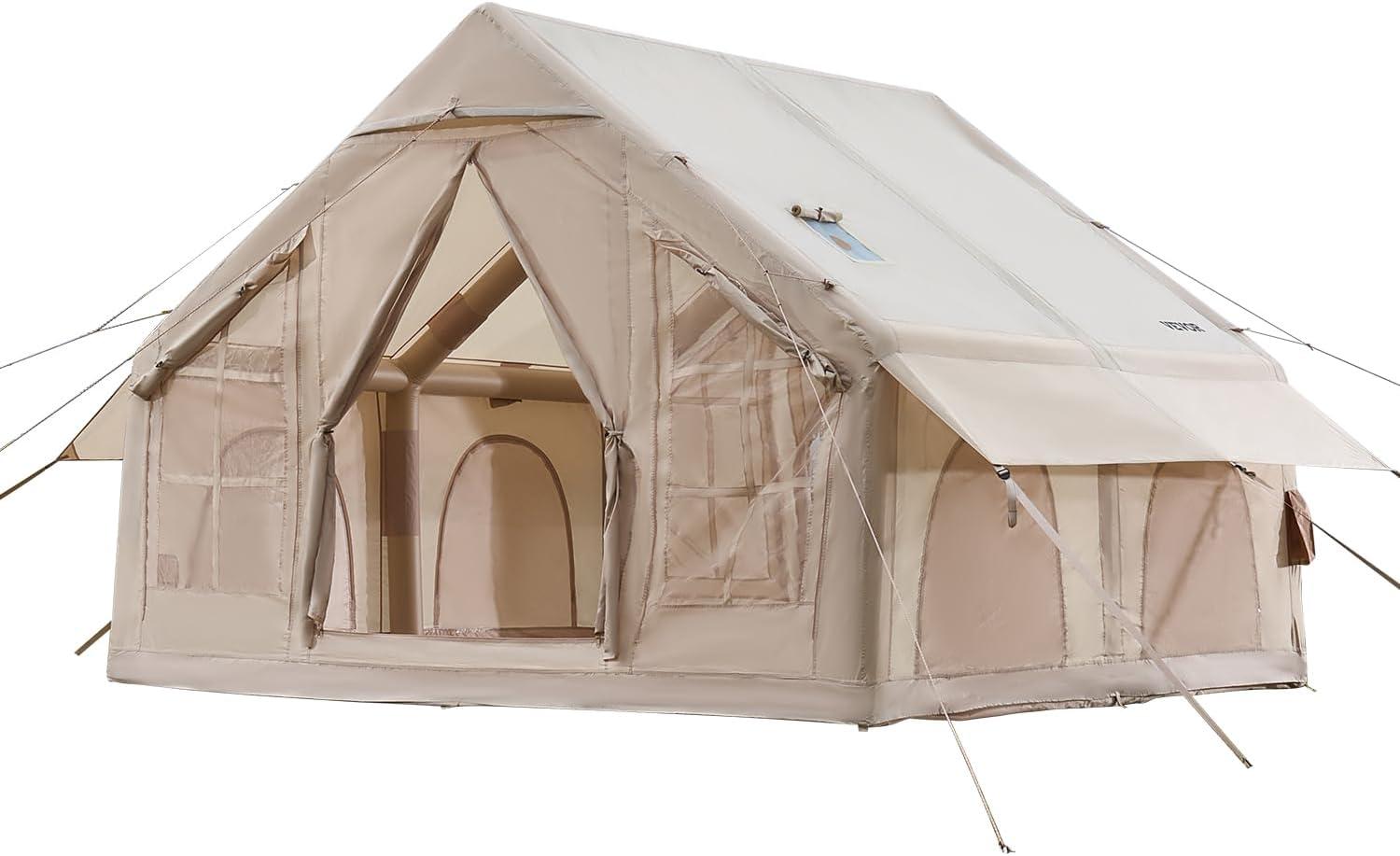 VEVOR Inflatable Tents for Camping, 4-6 Person Easy Setup Blow up Tent with Hand Pump,300D Oxford 4 Season Glamping Tent with Stove Jack 2 Doors & 4 Mesh Windows,Storage Bag Included for Easy Taking