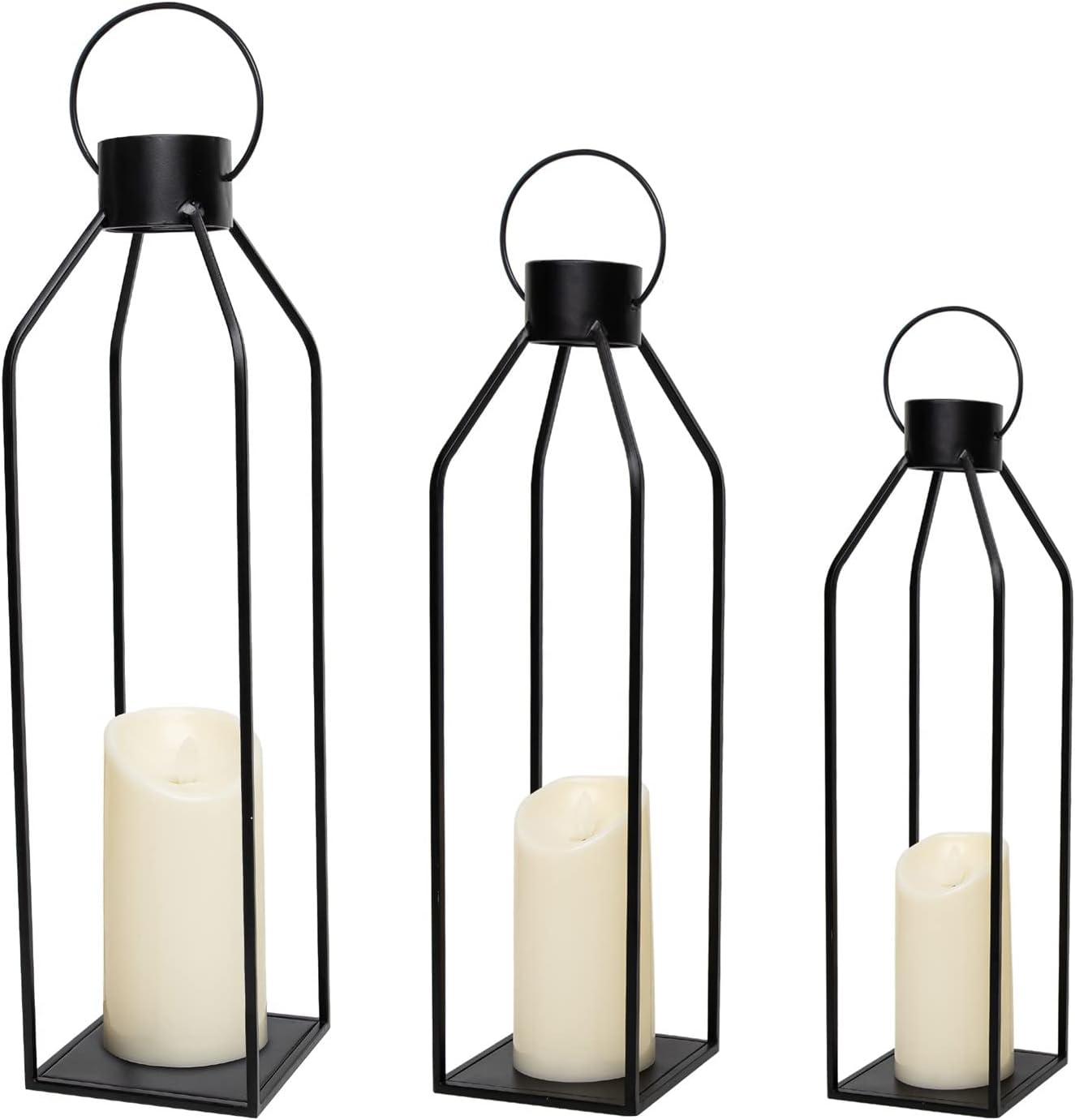 Black Metal Tabletop and Hanging Candle Lantern Set with LED Candles