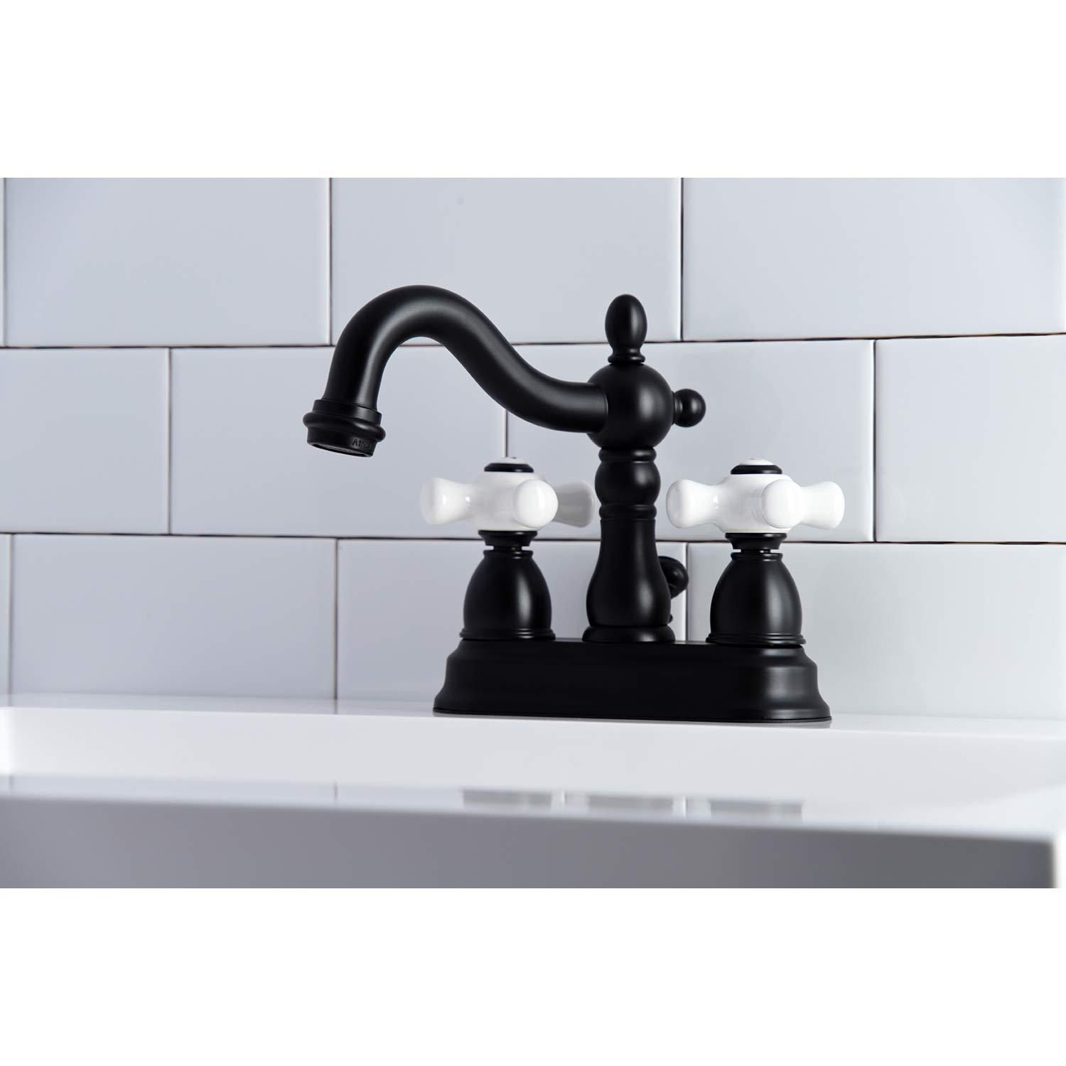 Kingston Brass Heritage Two-Handle 3-Hole Deck Mount 4" Centerset Bathroom Faucet with Plastic Pop-Up