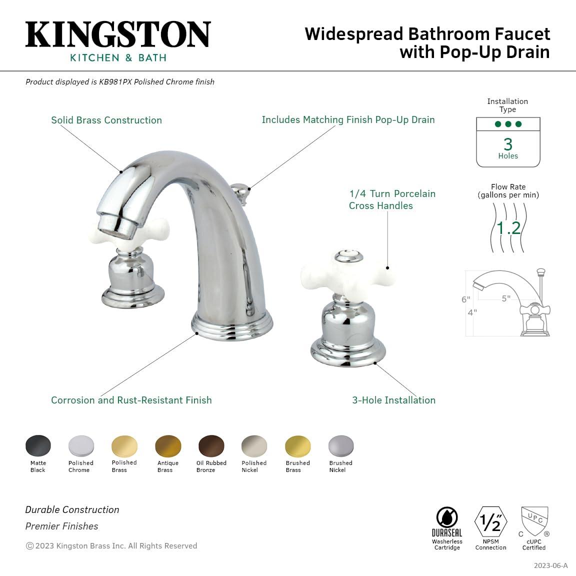 Kingston Brass Victorian Two-Handle 3-Hole Deck Mount Widespread Bathroom Faucet with Retail Pop-Up Drain
