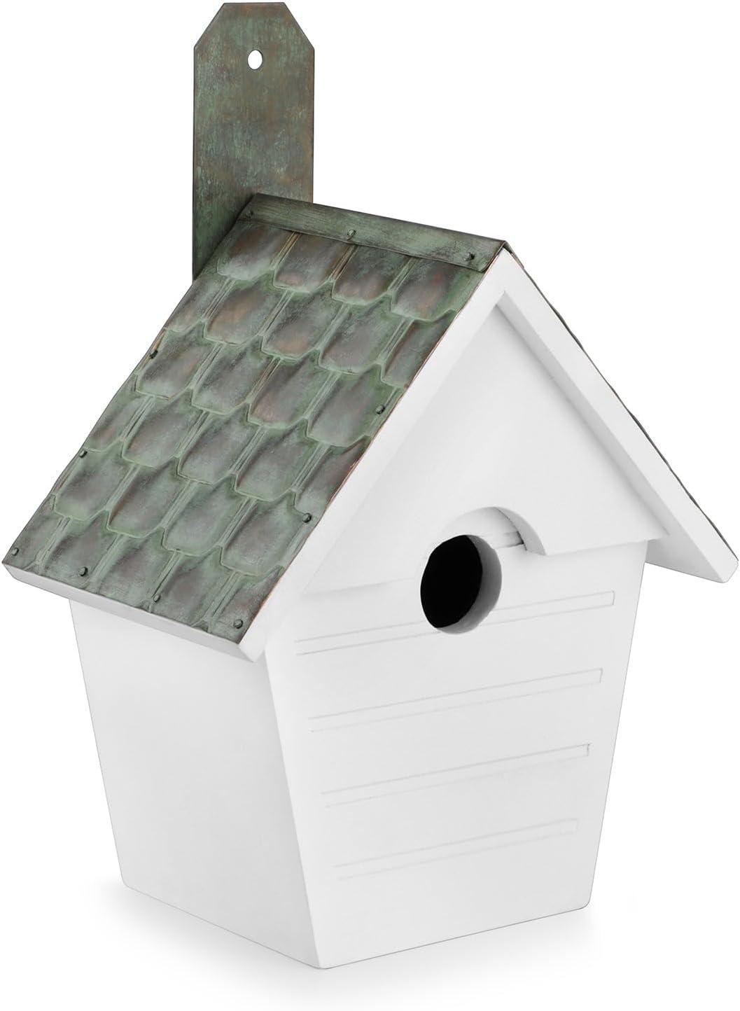 Cottage Bird House with Verdigris Copper Roof and Mango Hardwood Base