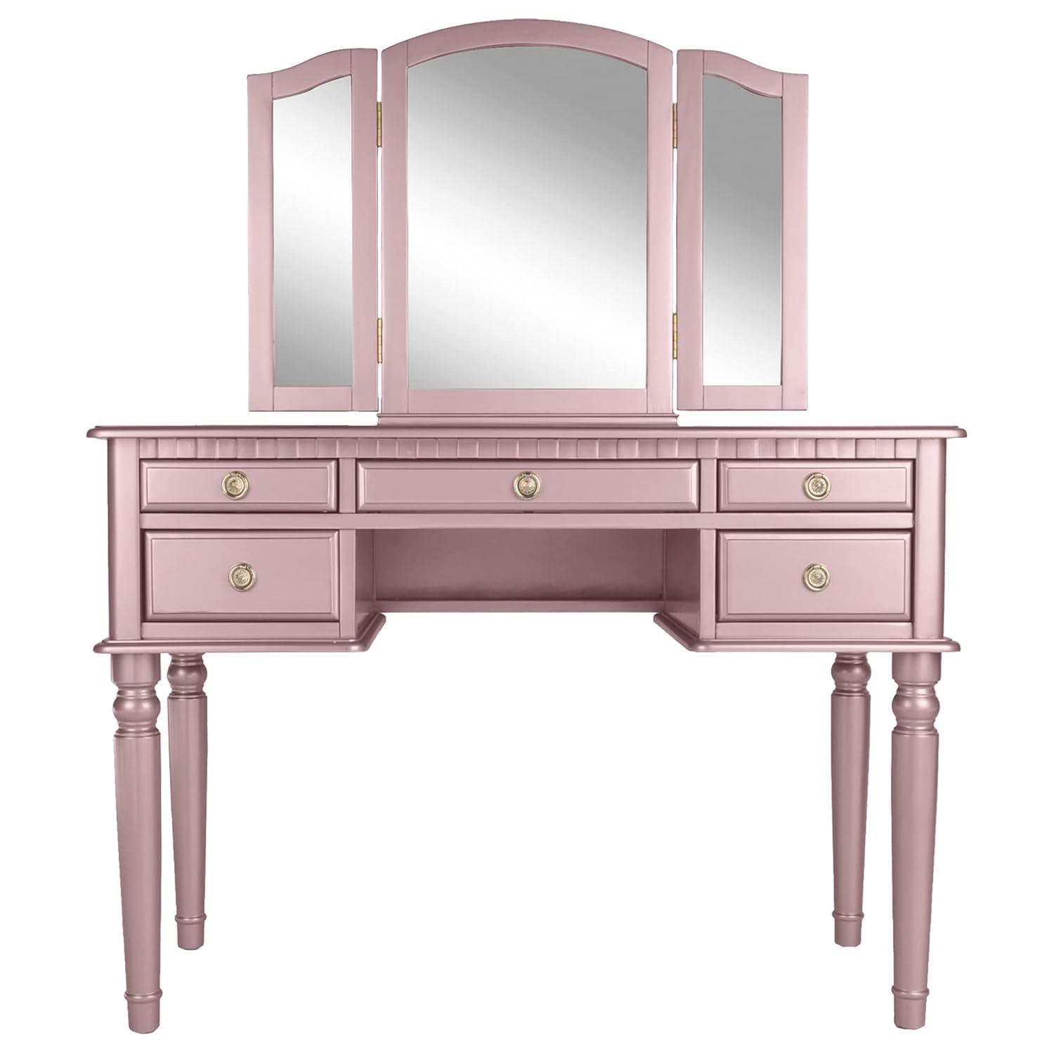 Poundex Furniture Wood Vanity Set with Mirror and Stool in Pink Rose Gold Color