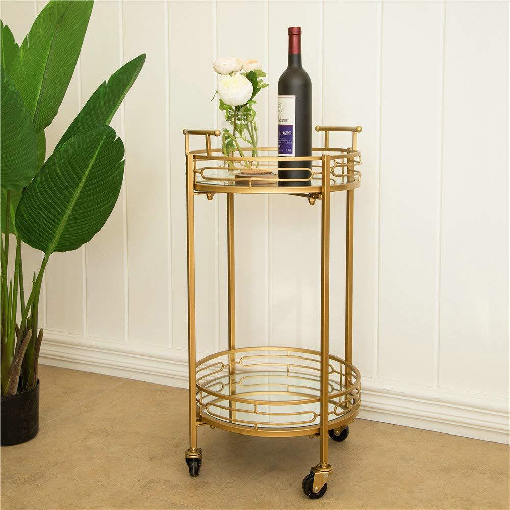 Glitzhome 29.5" H Round Gold Bar Cart with 4 Wheels 2-Tier Deluxe Tray Metal Mirrored Glass Top Rolling Serving Cart for Kitchen Living Room Hotel Wine/Tea Serving Cart