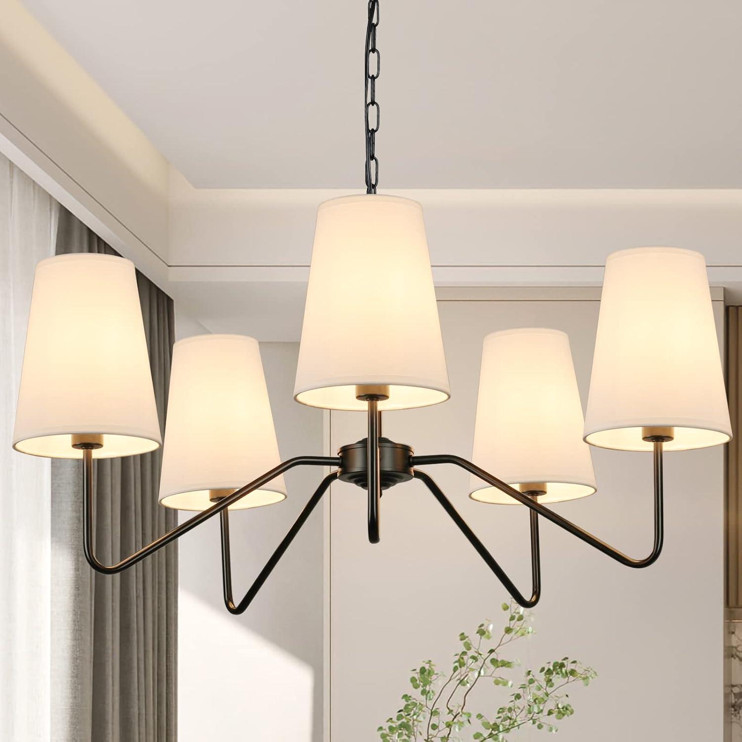 5-Light 30” Modern Chandelier with White Shades, Classic Pendant Ceiling Light Fixture for Dining Room, Black Chandelier with E12 Base Hanging Lamp for Living Room Hallway Bedroom, Height Adjustable