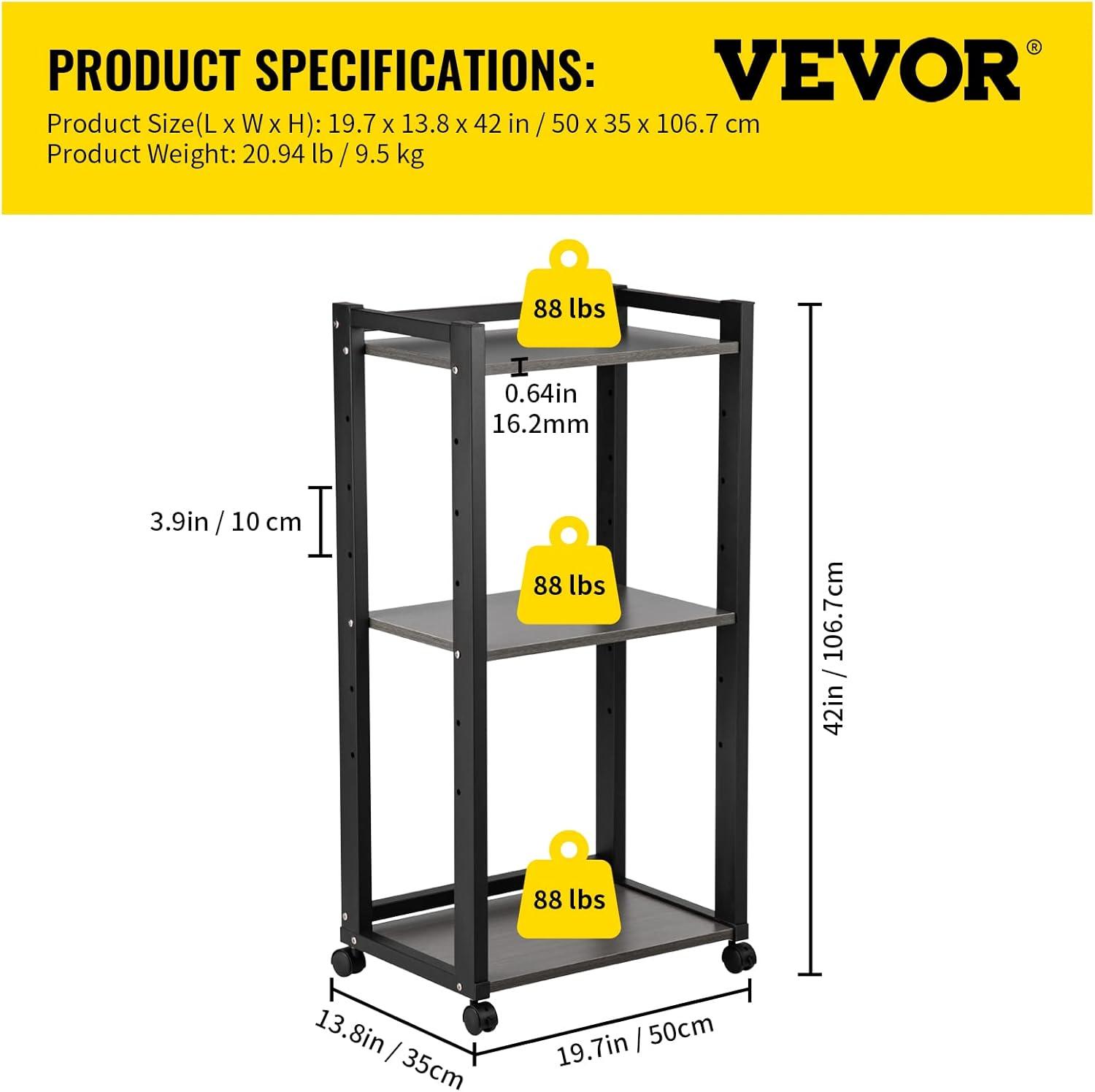 Black 3-Tier Rolling Printer Stand with Adjustable Storage Shelves