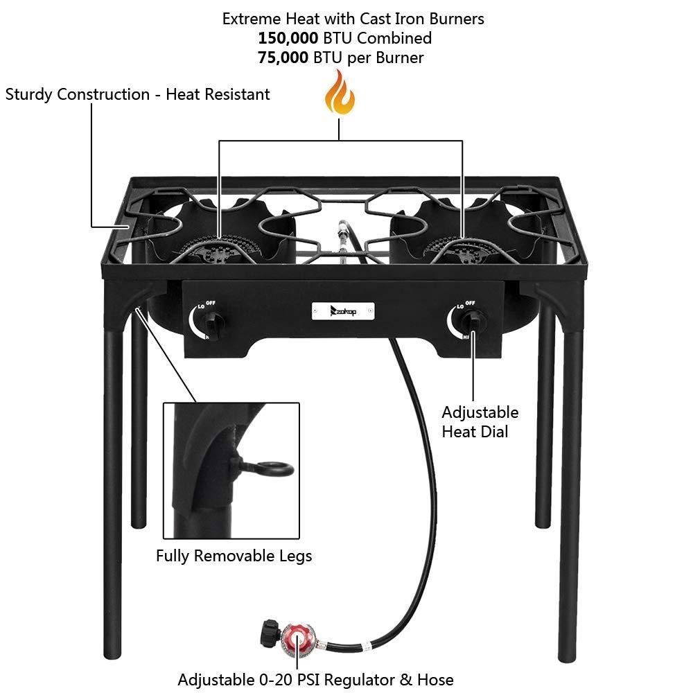 Hassch Outdoor Camp Stove Propane Gas Cooker Portable Cast Iron Patio Cooking Burner (Double Burner 150000-BTU), Black