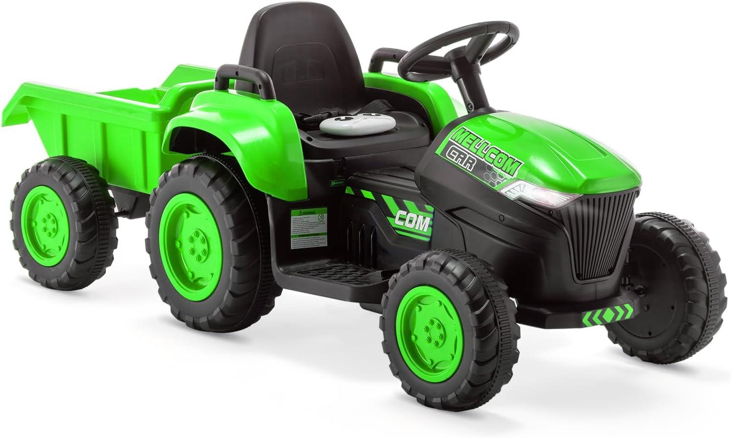 Green 12V Kids Ride-On Tractor with Remote Control and Trailer