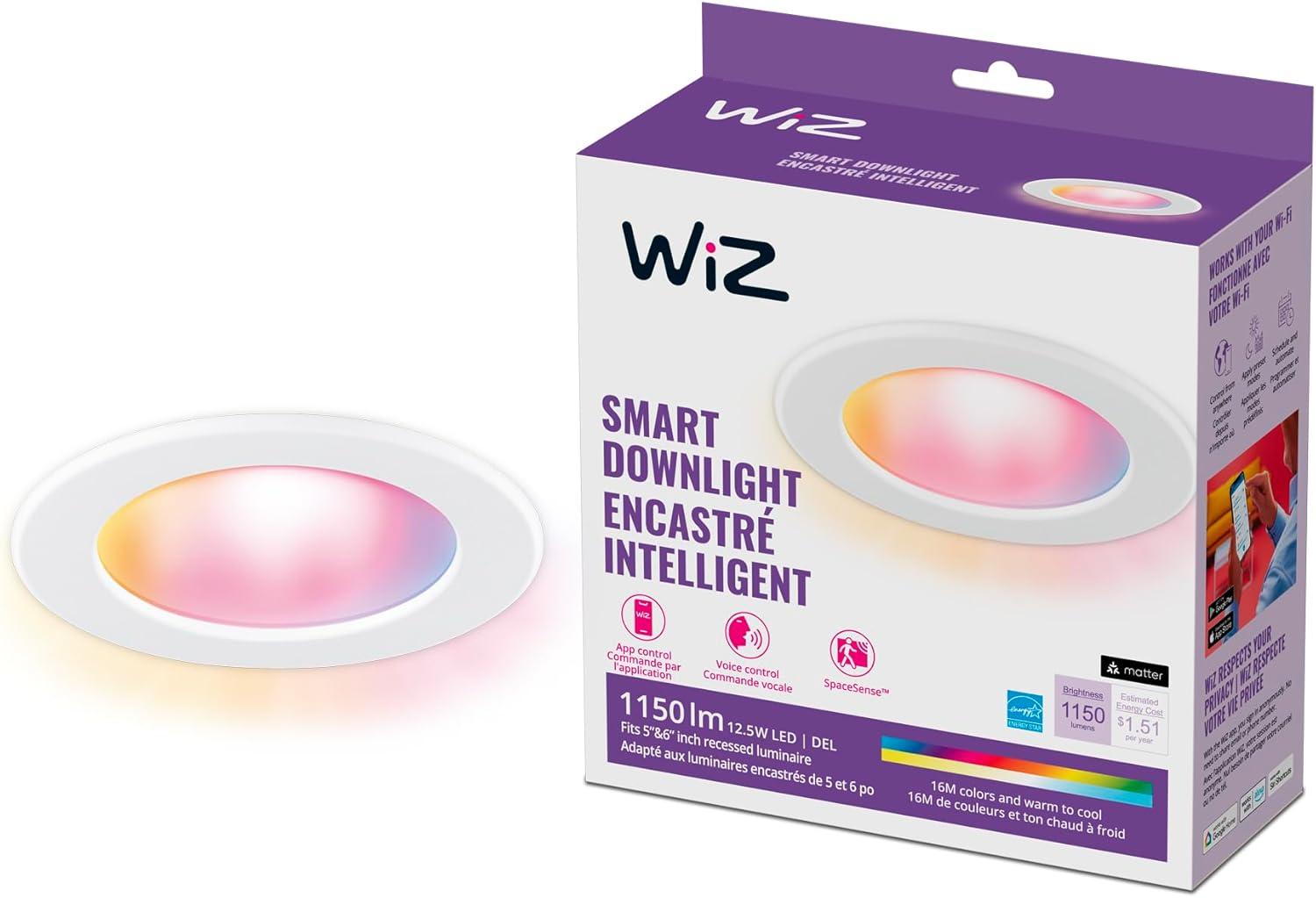 WiZ Connected Color High Lumen 6" Retrofit Downlight, 2700K - 6500K + RGB, 16 Million Colors, Smart Control with WiZ App, Compatible with Alexa, Google Assistant, and Siri Shortcuts, No Hub Required