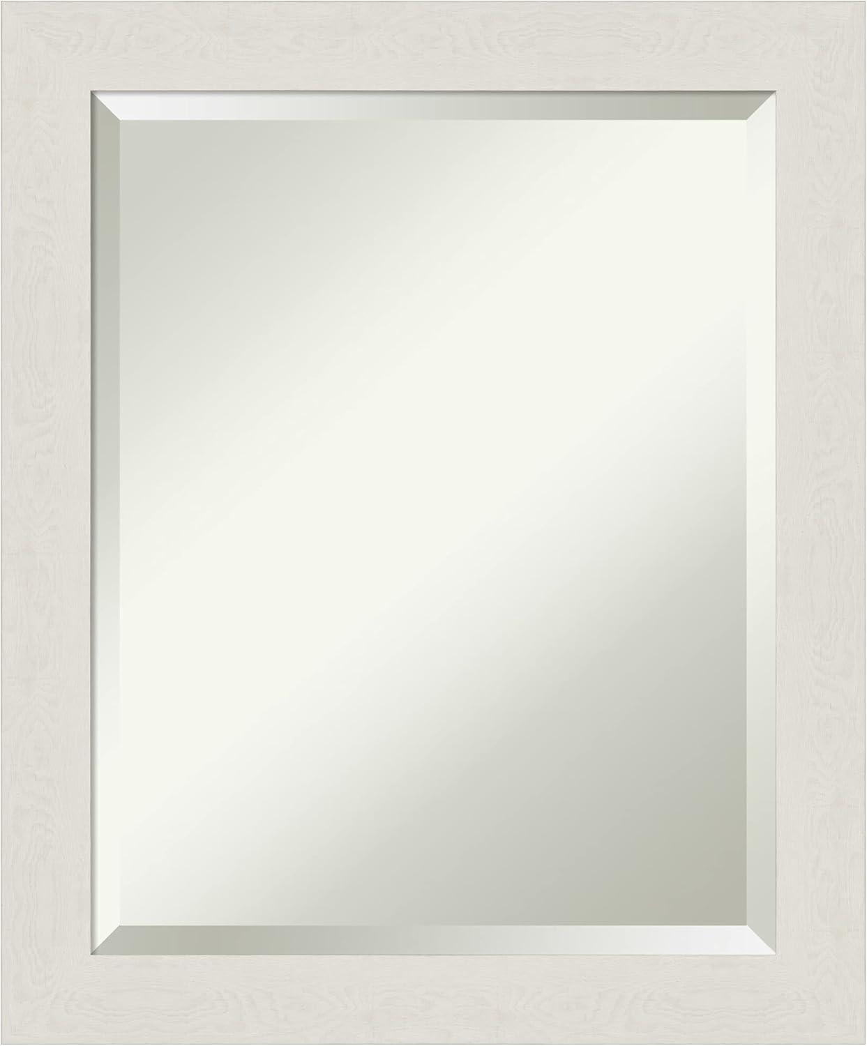 Amanti Art Beveled Bathroom Wall Mirror - Rustic Plank White Narrow Frame Outer Size: 19 x 23 in