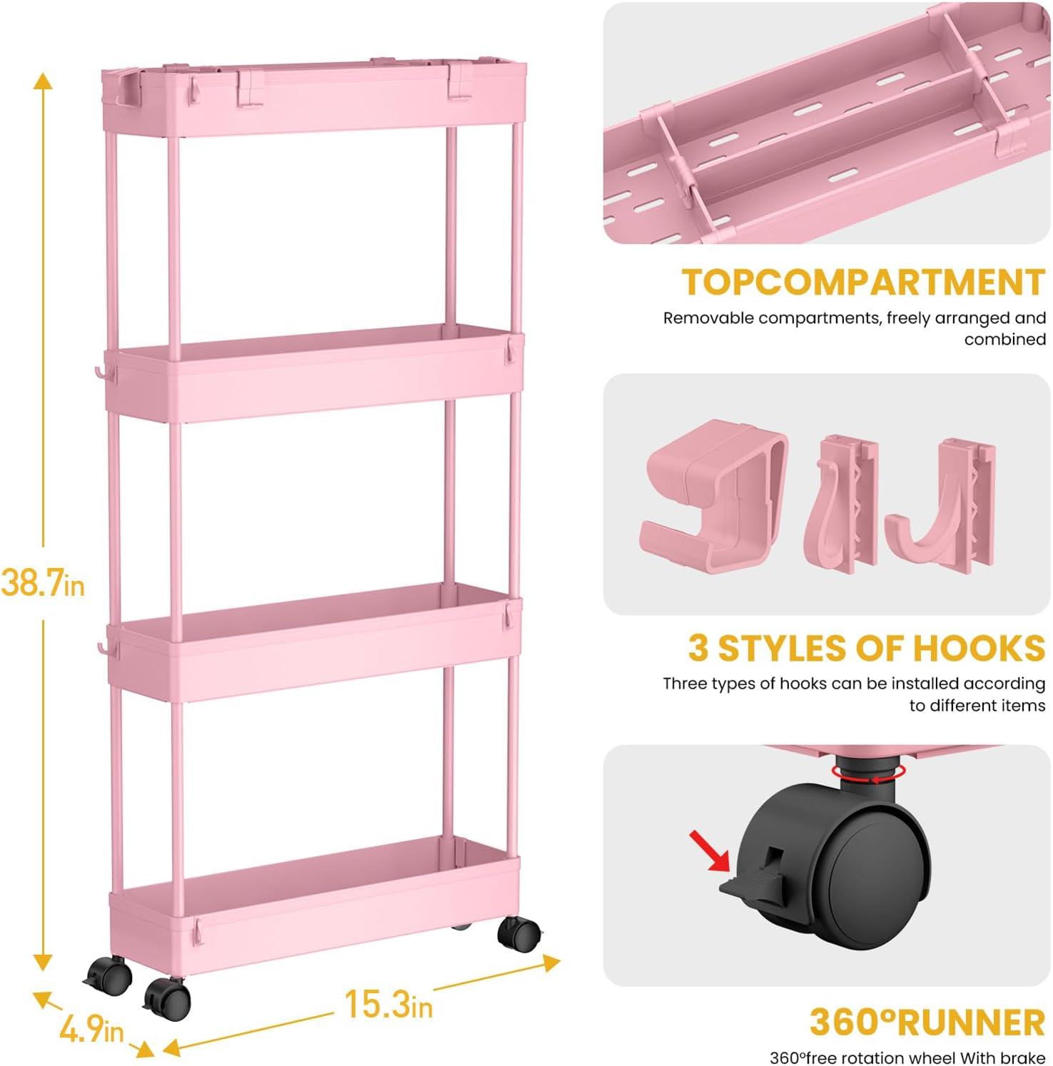 Slim Rolling Storage Cart 4 Tier Bathroom Organizer Utility Cart Mobile Shelving Unit Tower Rack for Kitchen, Laundry Room, Bathroom, Narrow Places, Pink