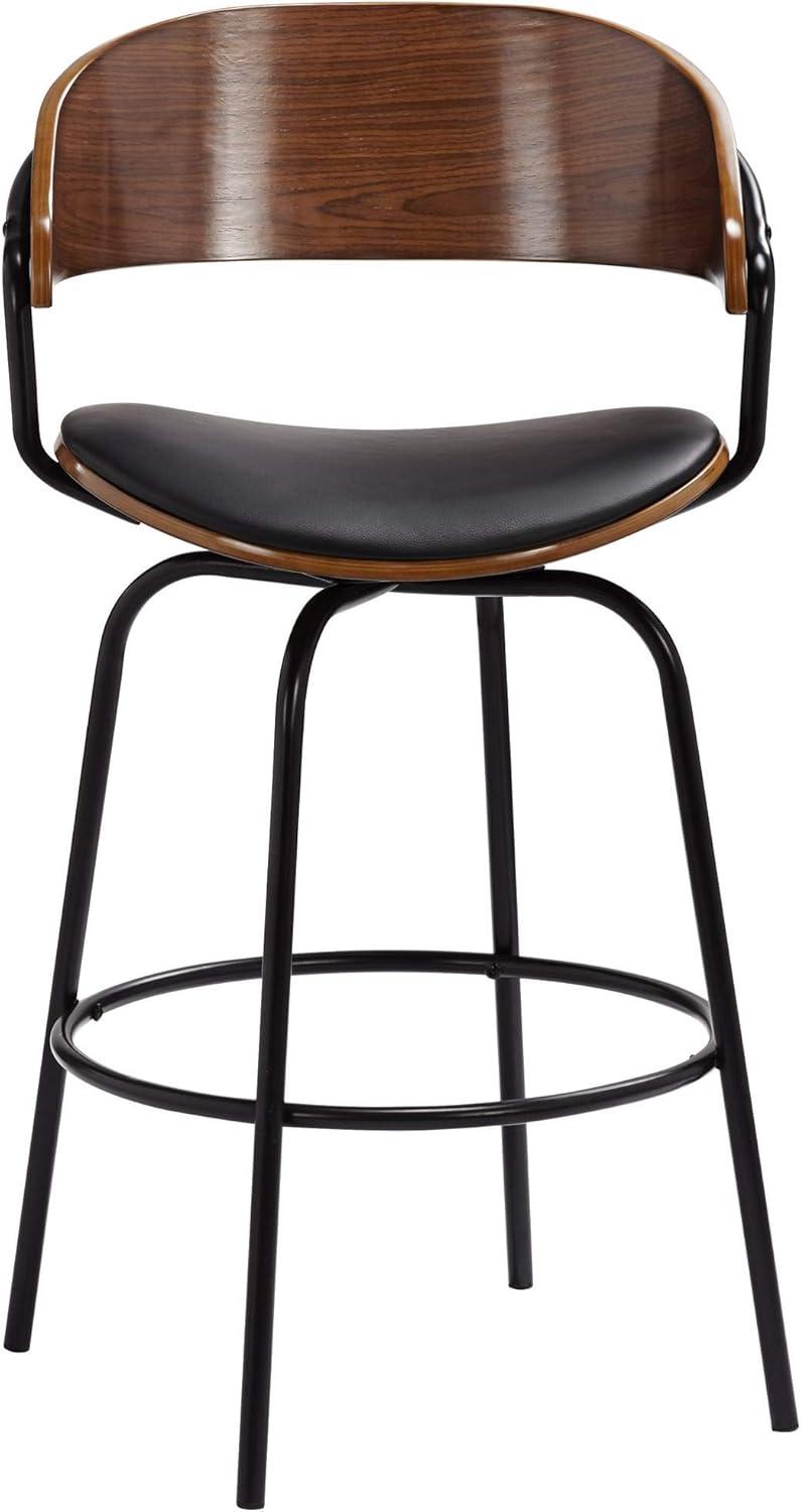 Elm Lane Larsen Black Swivel Bar Stool 26" High Mid Century Modern Faux Leather Cushion with Walnut Backrest Footrest for Kitchen Counter Height Home