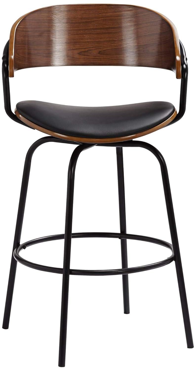 Elm Lane Larsen Black Swivel Bar Stool 26" High Mid Century Modern Faux Leather Cushion with Walnut Backrest Footrest for Kitchen Counter Height Home
