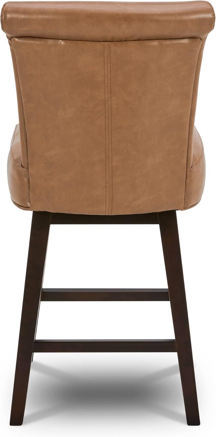 Saddle Brown Faux Leather Swivel Counter Stools with Wood Legs, Set of 2